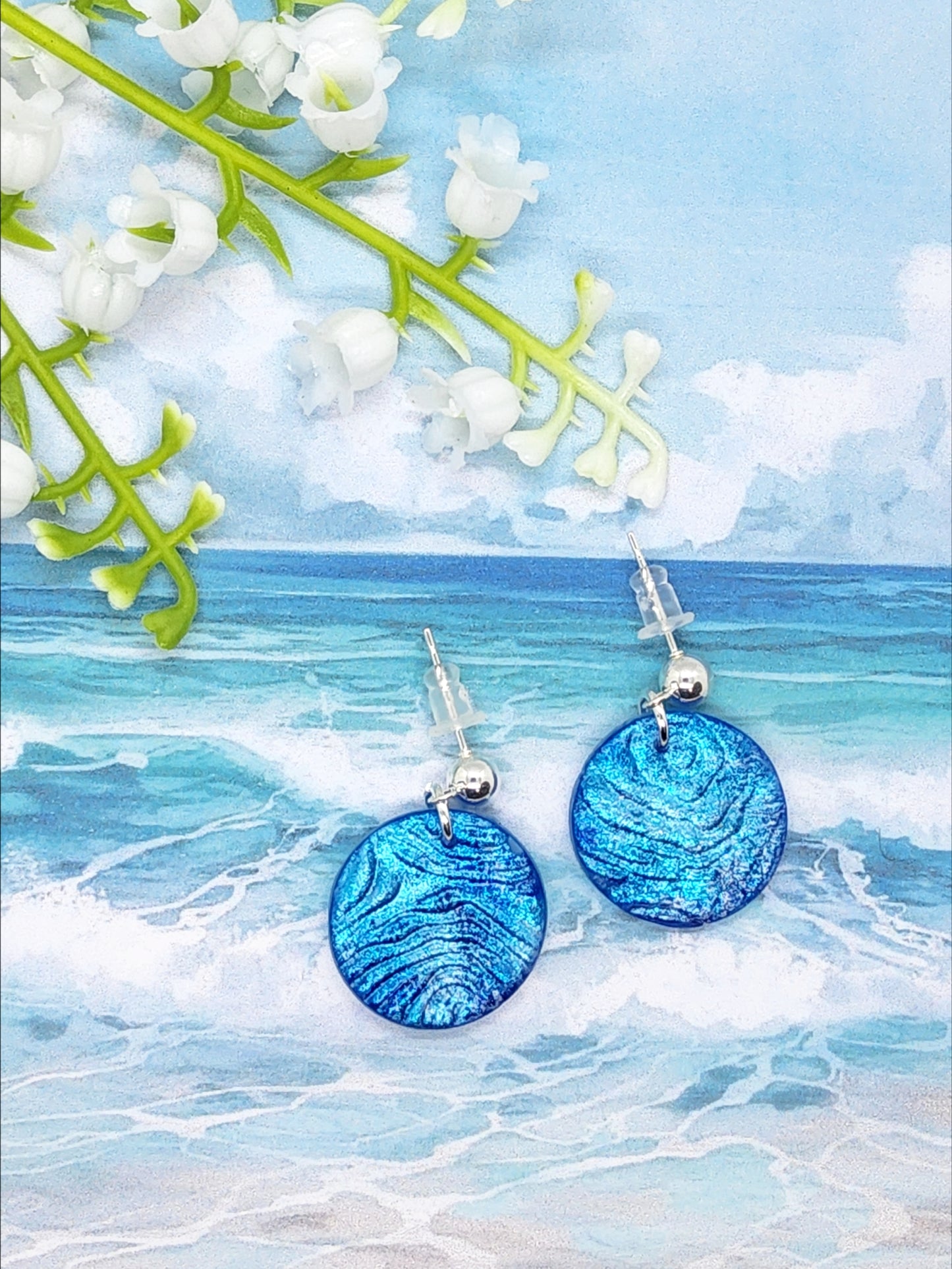 BLUE WAVE DISC POLYMER CLAY EARRINGS
