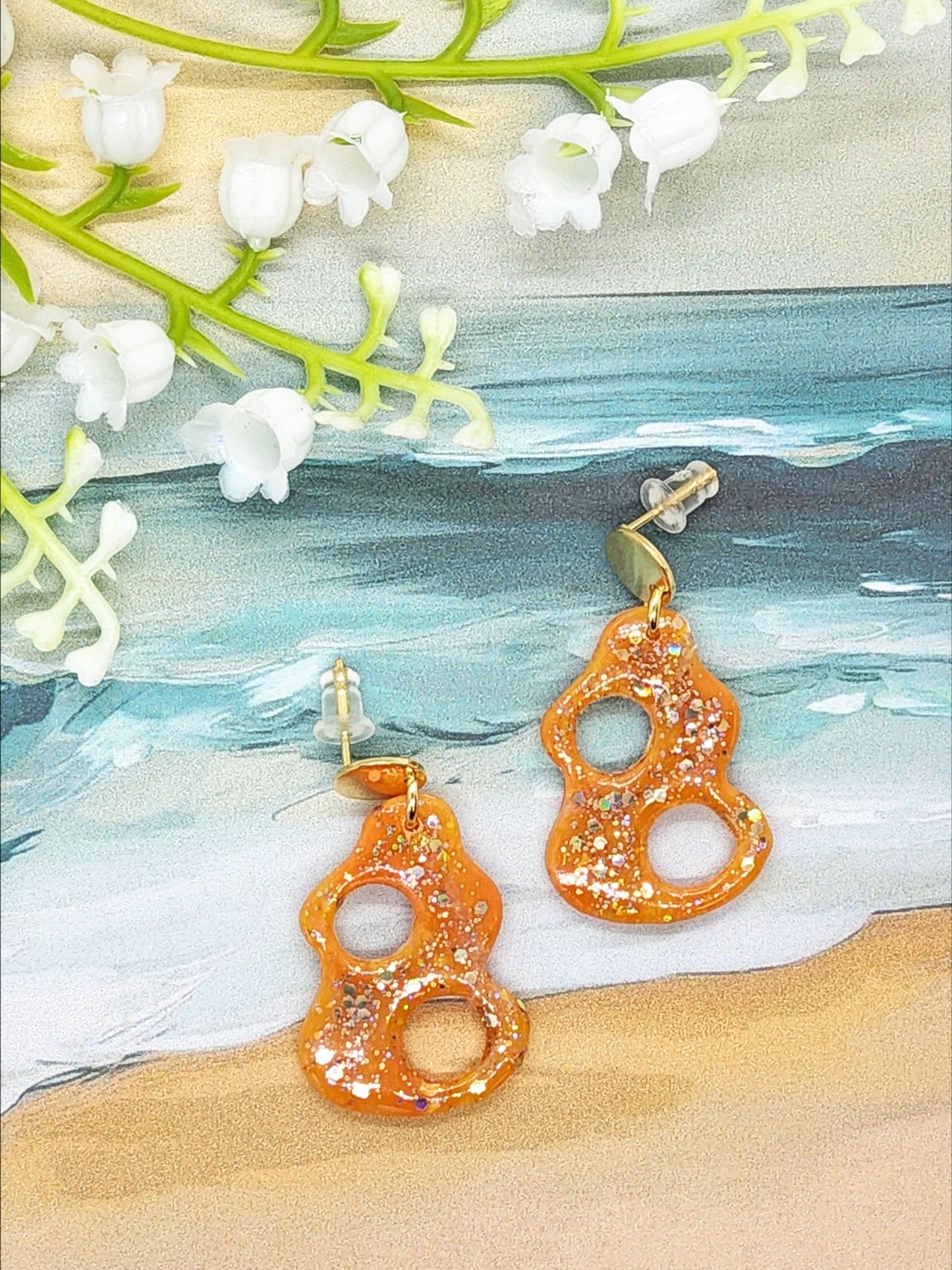 ABSTRACT ORANGE SPARKLE POLYMER CLAY EARRINGS