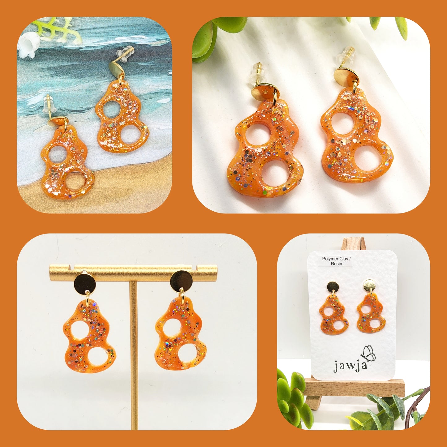 ABSTRACT ORANGE SPARKLE POLYMER CLAY EARRINGS