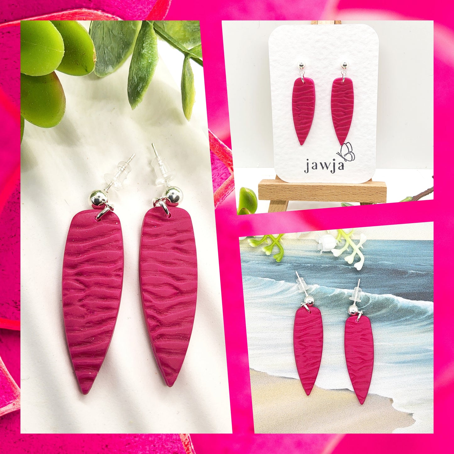 BRIGHT FUSCHIA RIPPLE POLYMER CLAY EARRINGS
