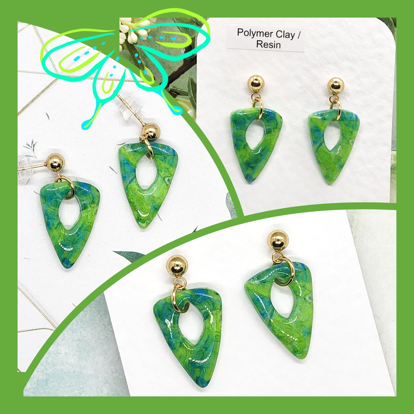 GREEN AND BLUE MARBLED POLYMER CLAY EARRINGS