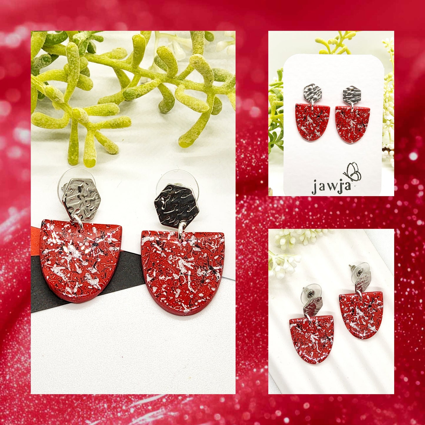RED, SILVER, BLACK AND WHITE POLYMER CLAY EARRINGS