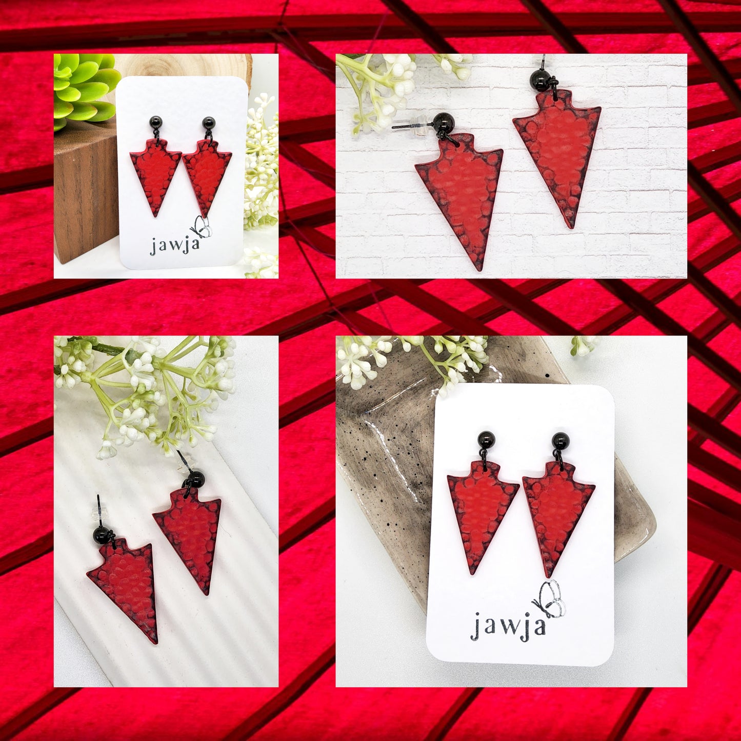 CARMINE RED SPEAR HEAD POLYMER CLAY EARRINGS