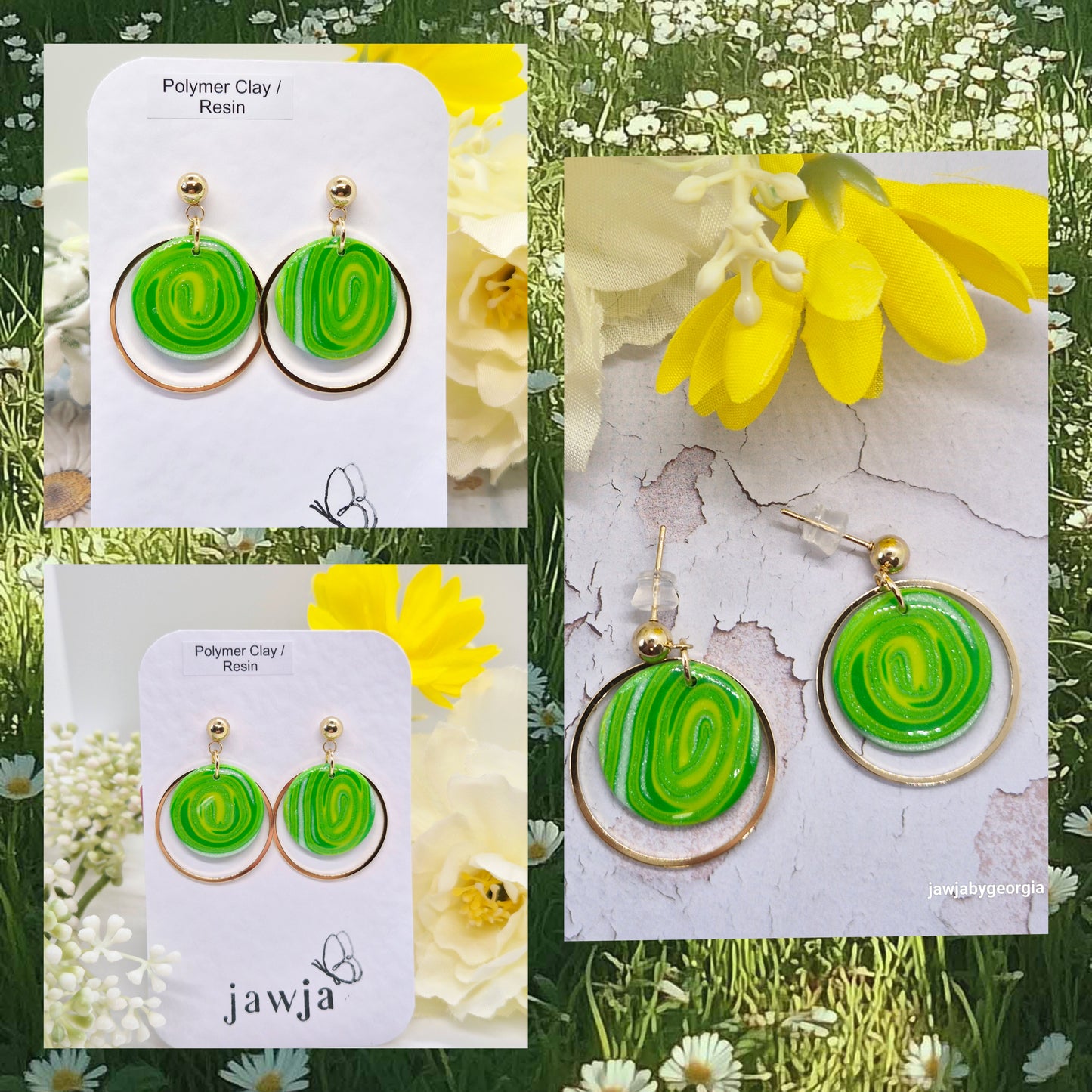 GREEN SWIRL DISC POLYMER CLAY EARRINGS