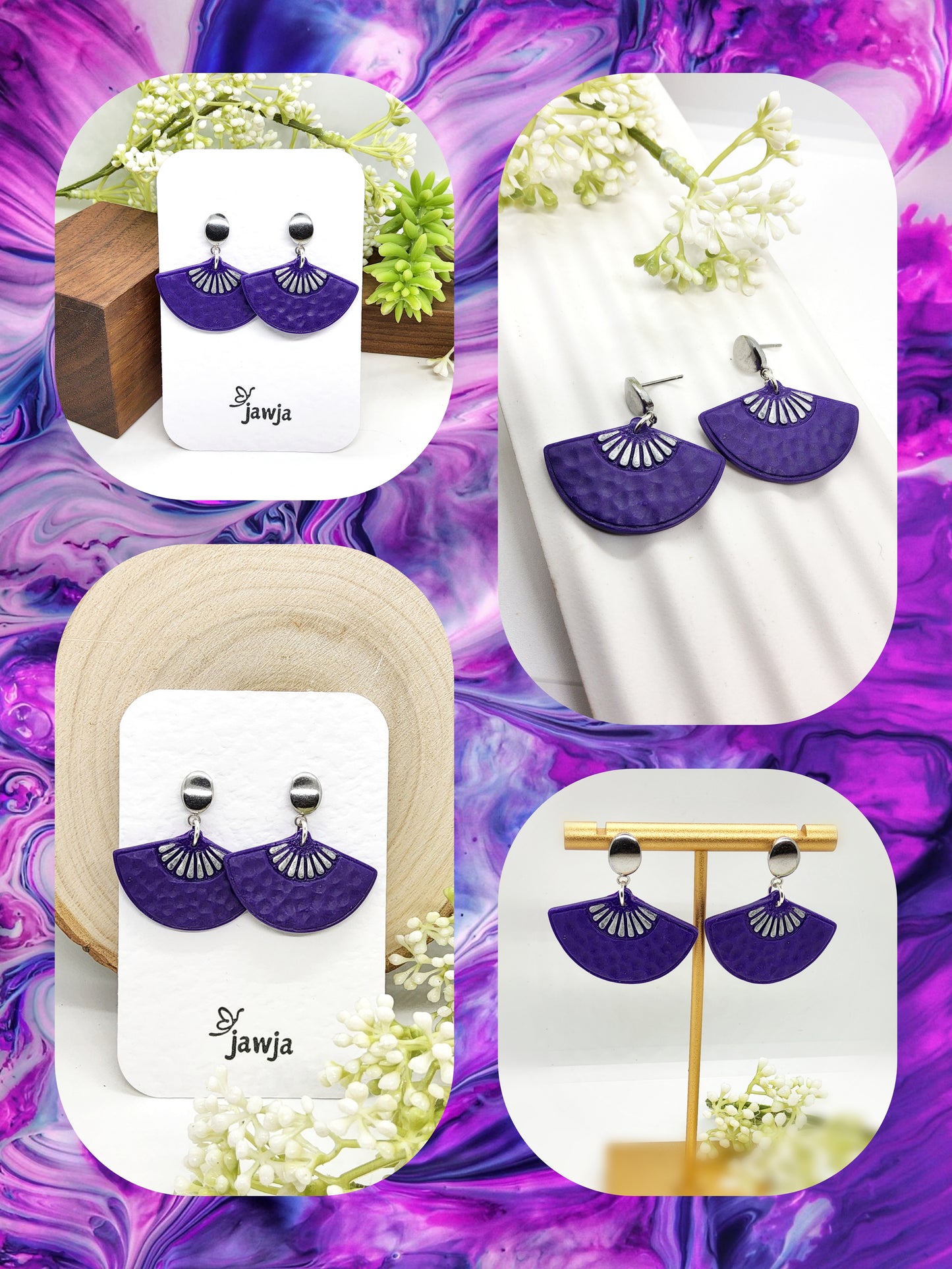 PURPLE FAN POLYMER CLAY EARRINGS