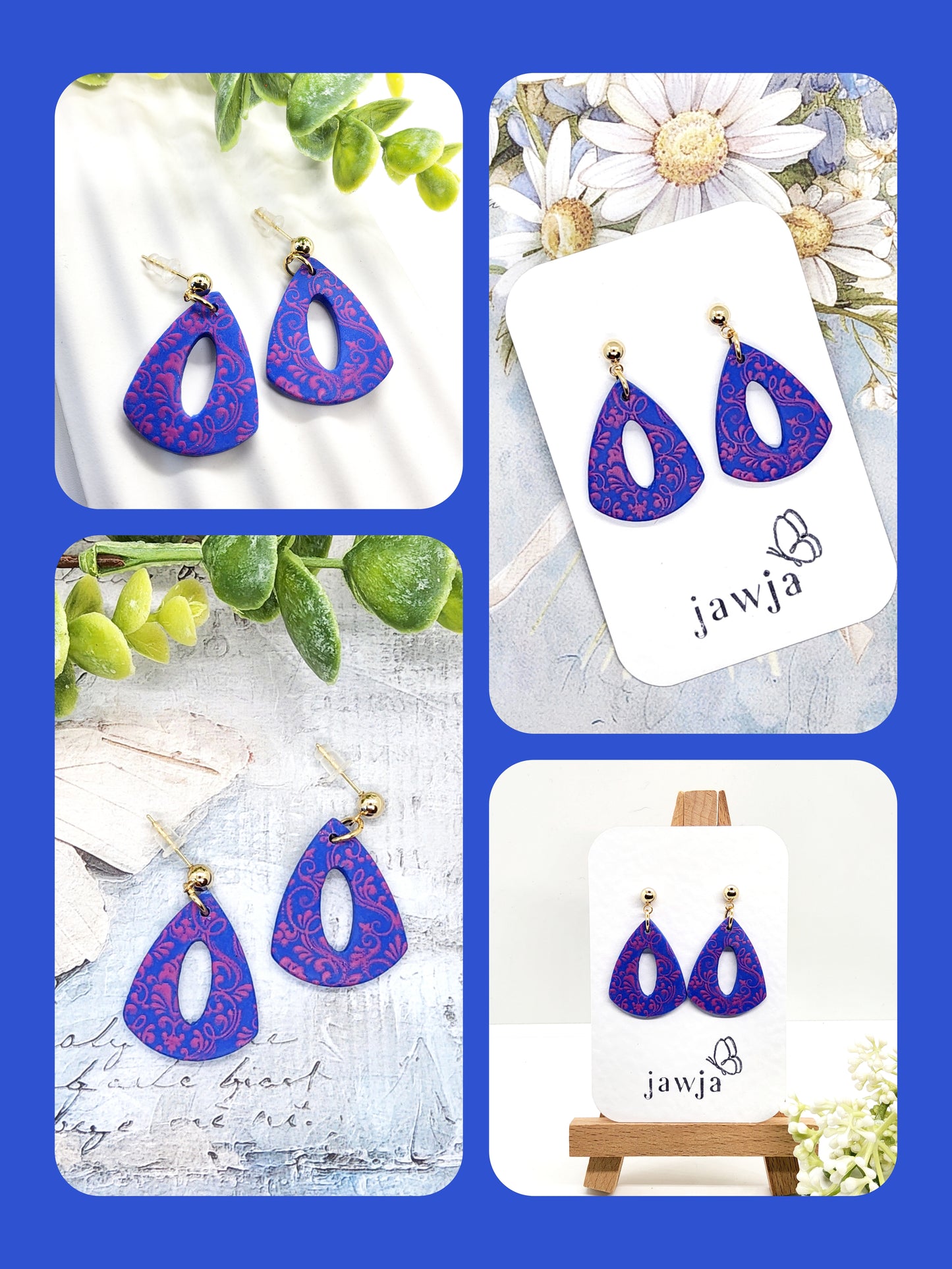 VIBRANT BLUE AND PINK SCROLL POLYMER CLAY EARRINGS