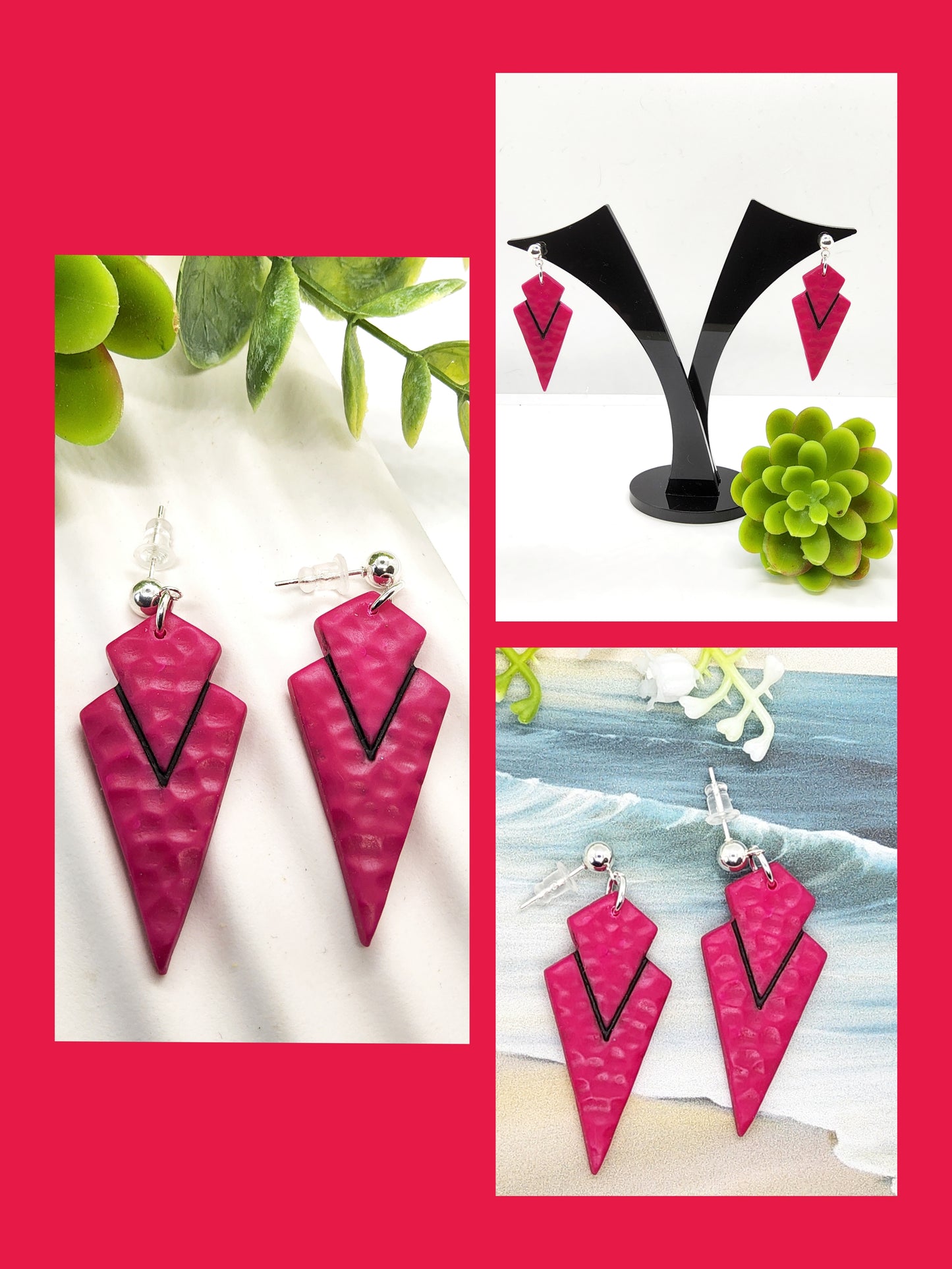 DARK FUSCHIA ART DECO POLYMER CLAY EARRINGS