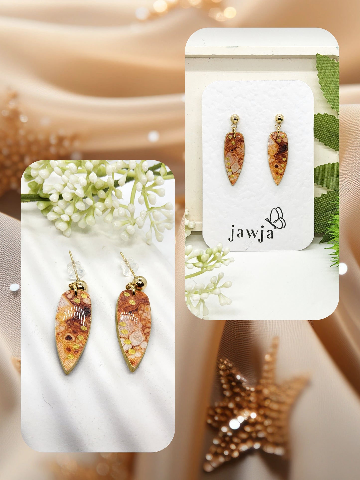 BROWN MARBLED TEARDROP POLYMER CLAY EARRINGS