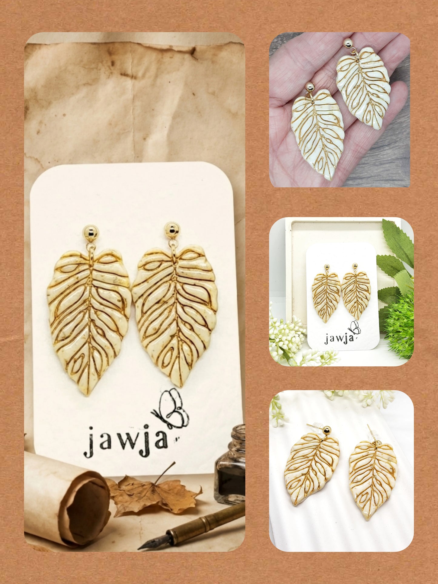 CREAMY BEIGE AND GOLD ACCENT LEAF POLYMER CLAY EARRINGS
