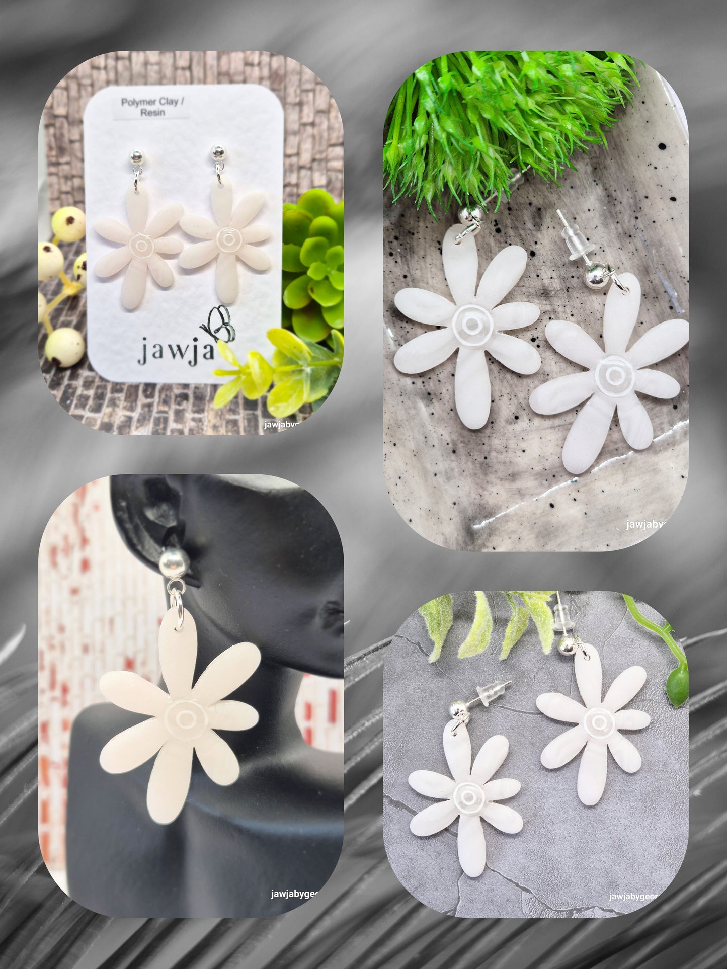 WHITE FLOWER PETAL POLYMER CLAY EARRINGS