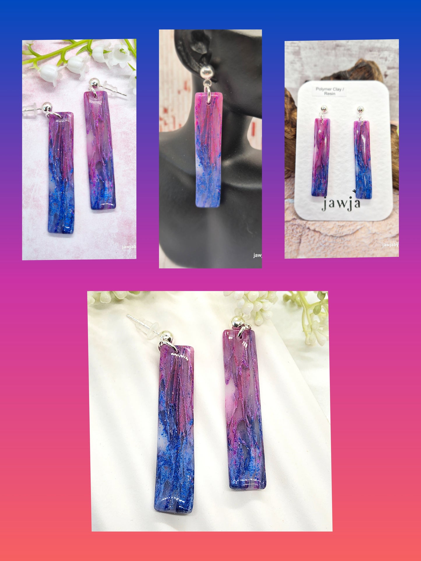 BRIGHT BLUE AND PINK BAR POLYMER CLAY EARRINGS