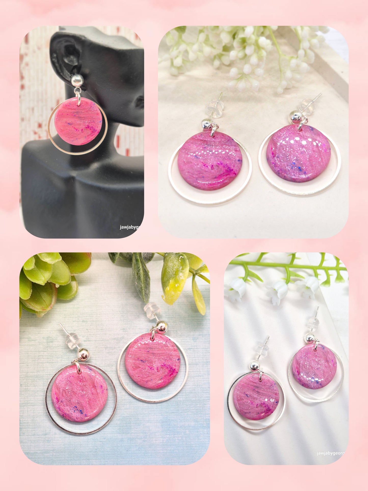PINK MARBLED DISCS POLYMER CLAY EARRINGS