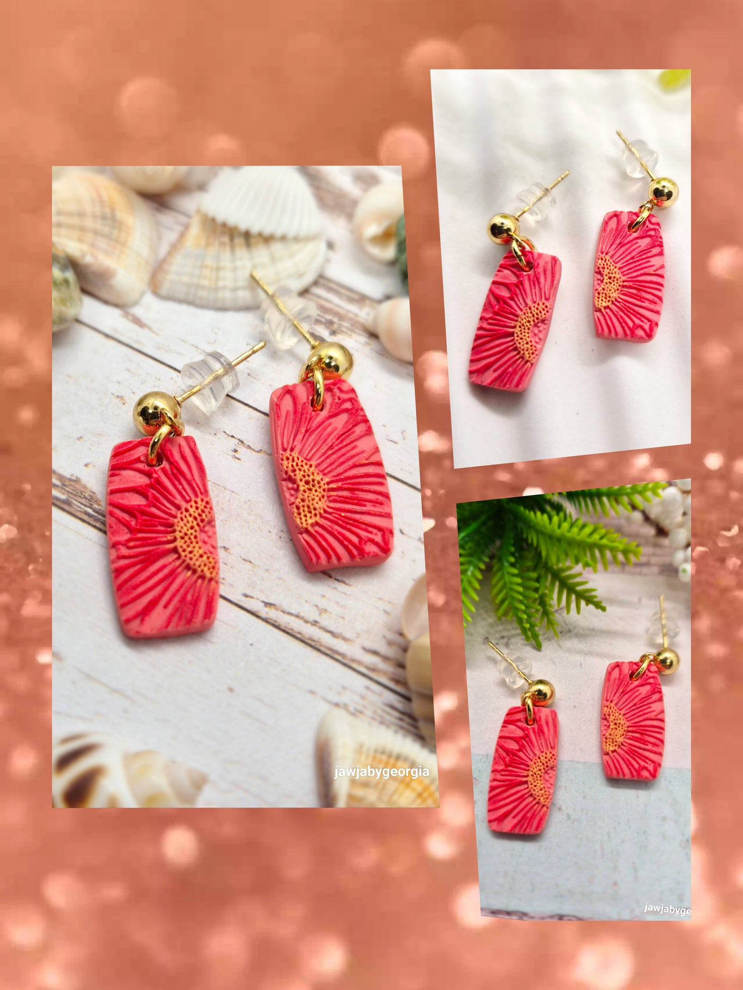 CORAL AND GOLD DAISY POLYMER CLAY EARRINGS