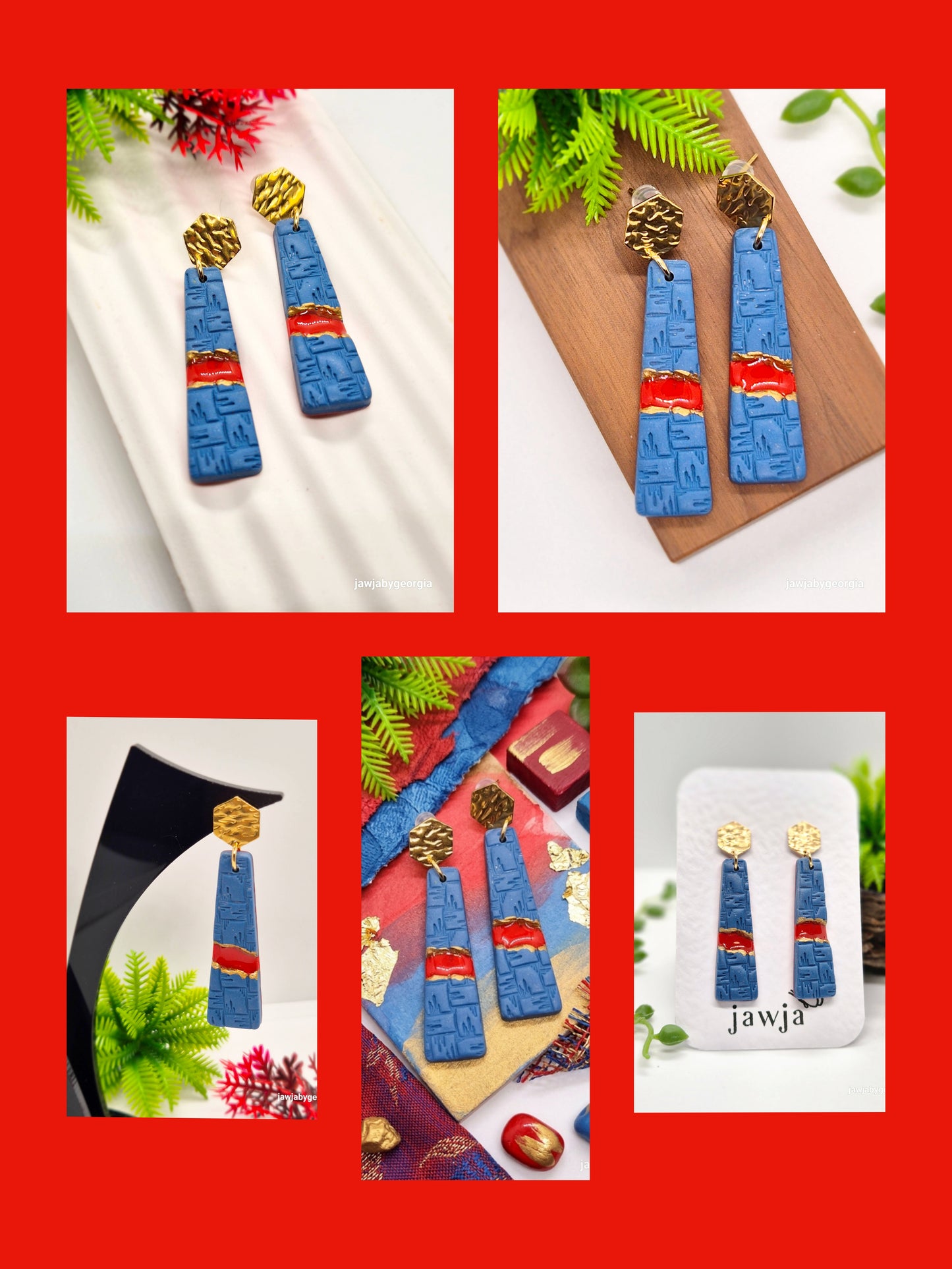 BLUE, RED AND GOLD POLYMER CLAY EARRINGS