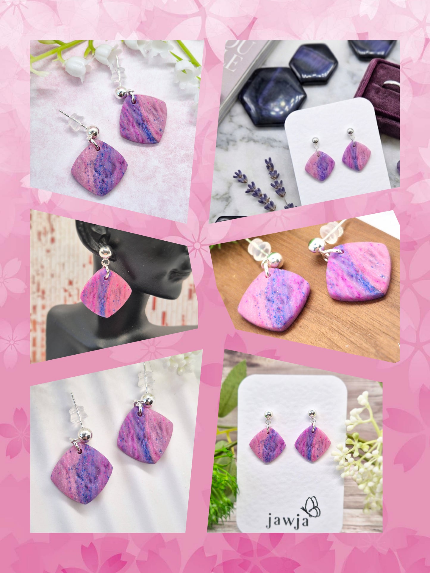 PINK AND BLUE MARBLED POLYMER CLAY EARRINGS