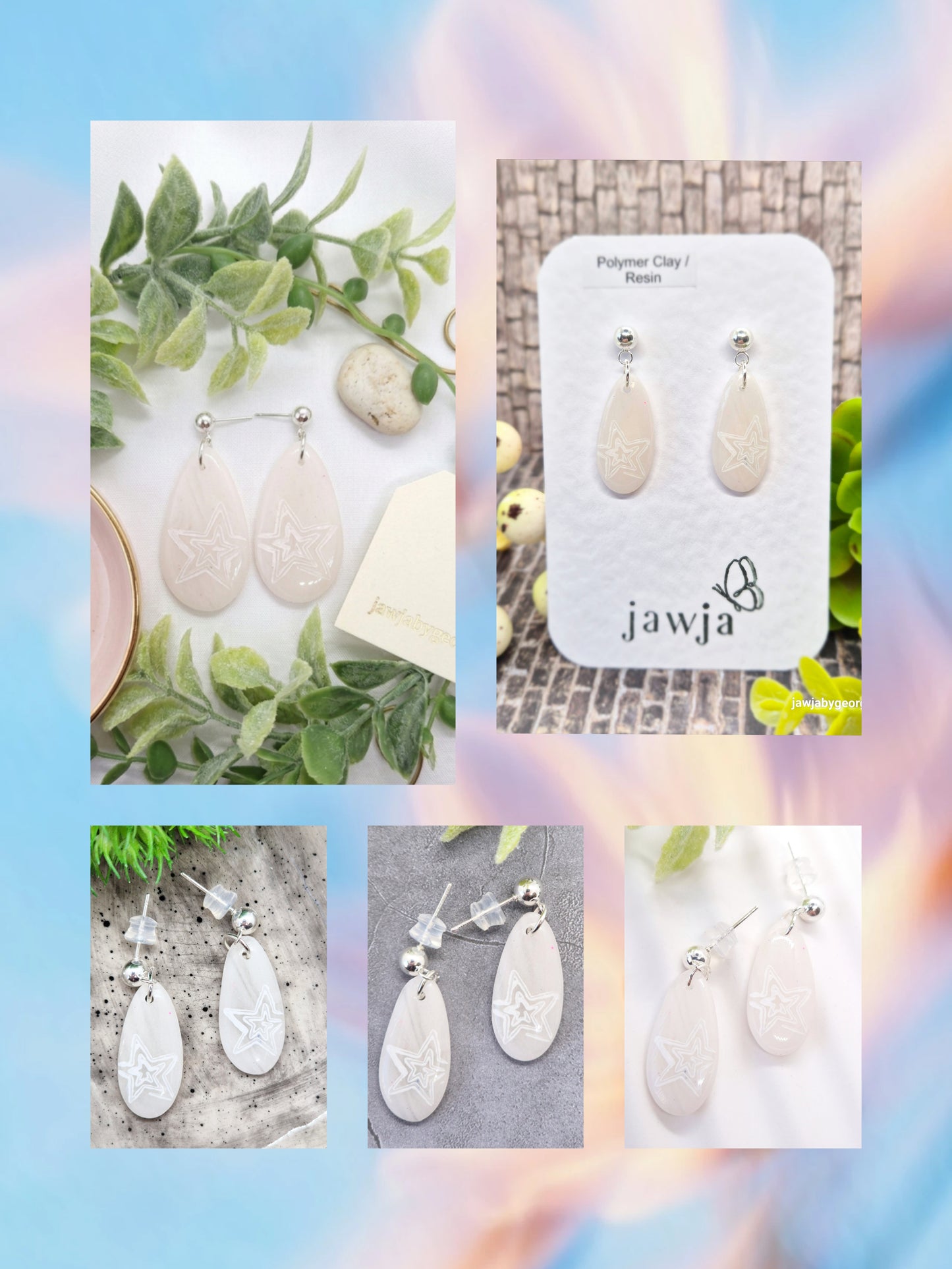 WHITE TEARDROP POLYMER CLAY EARRINGS