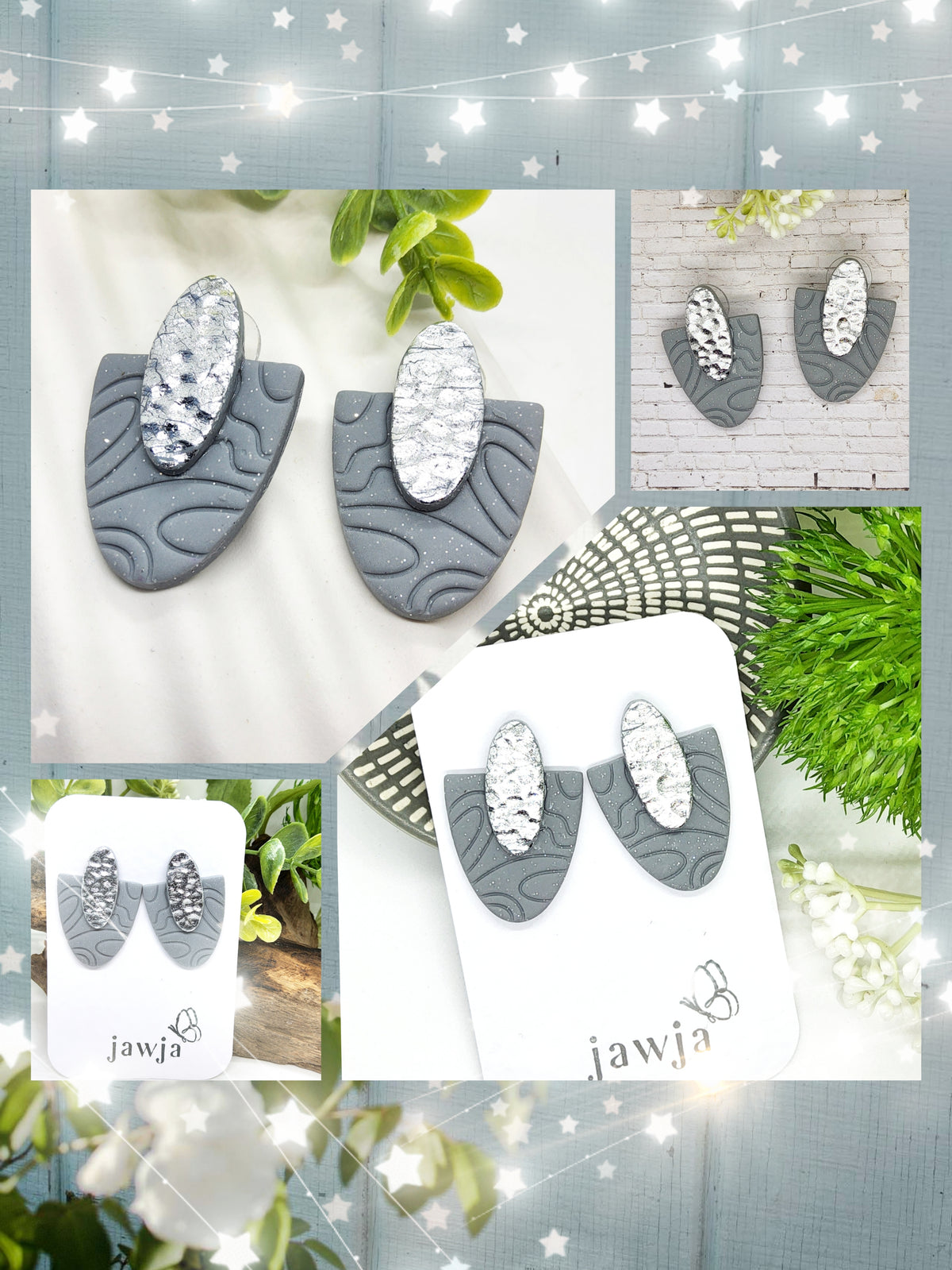 GREY AND SILVER POLYMER CLAY STUD EARRINGS