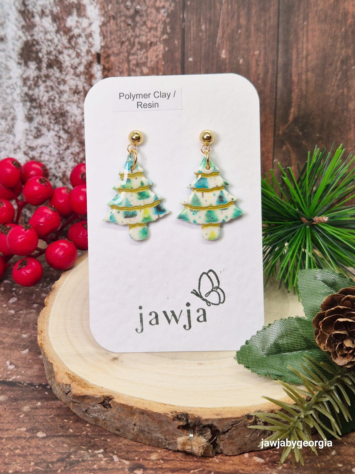 PRINTED TREE CHRISTMAS POLYMER CLAY EARRINGS