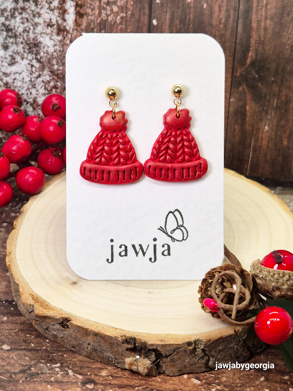 METALLIC RED KNITTED BOBBLE HAT EARRINGS
