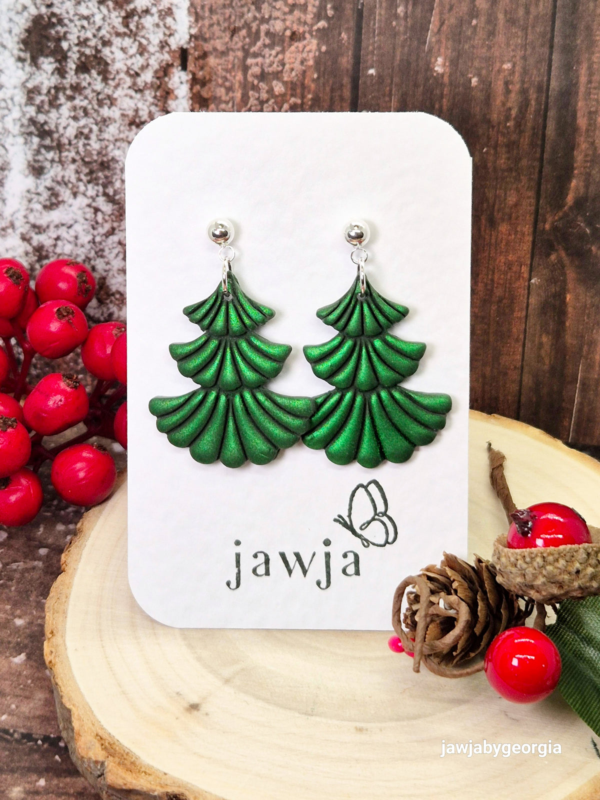 METALLIC GREEN CHRISTMAS TREE POLYMER CLAY EARRINGS