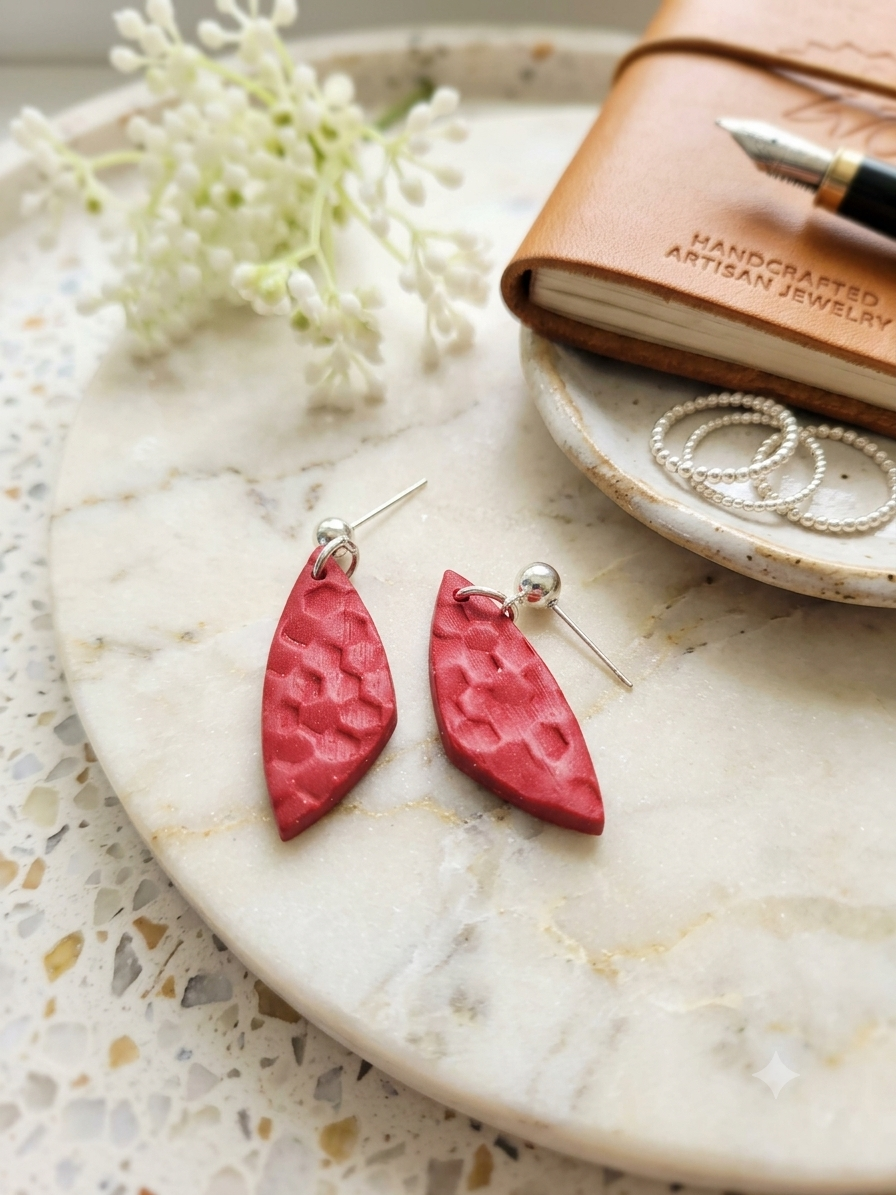 RED LEAF SHAPED POLYMER CLAY EARRINGS