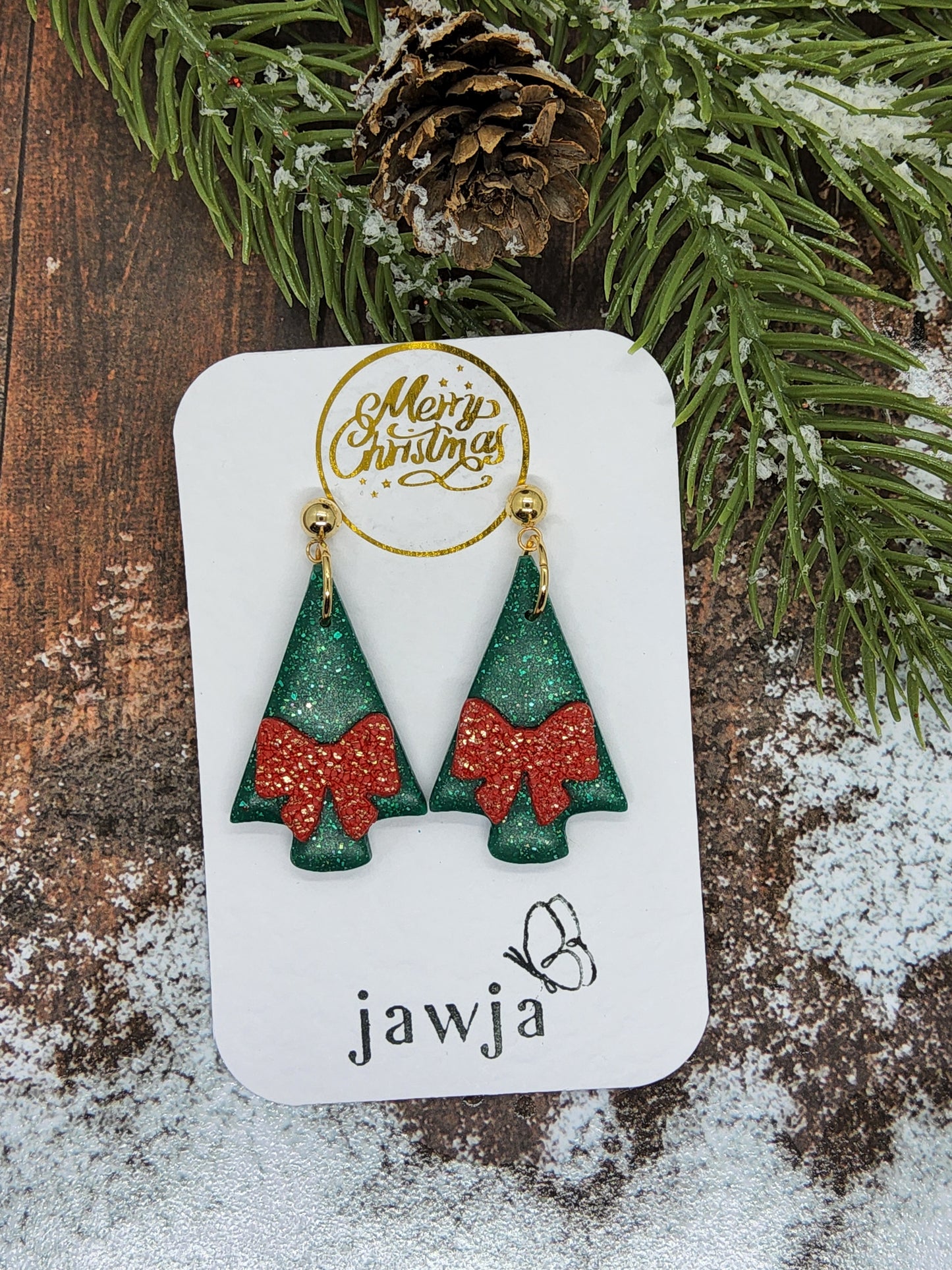 CHRISTMAS TREE WITH BOW POLYMER CLAY EARRINGS