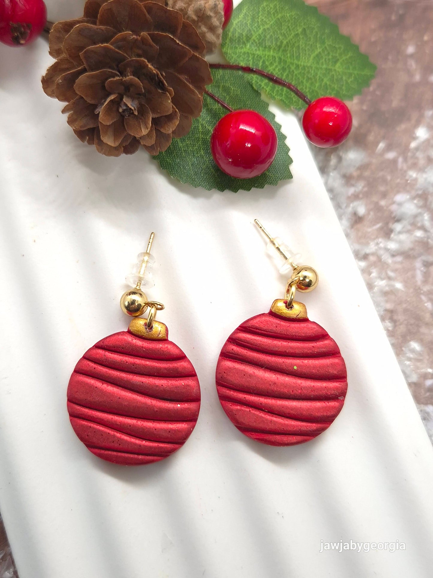 RED METALLIC BAUBLE POLYMER CLAY EARRINGS