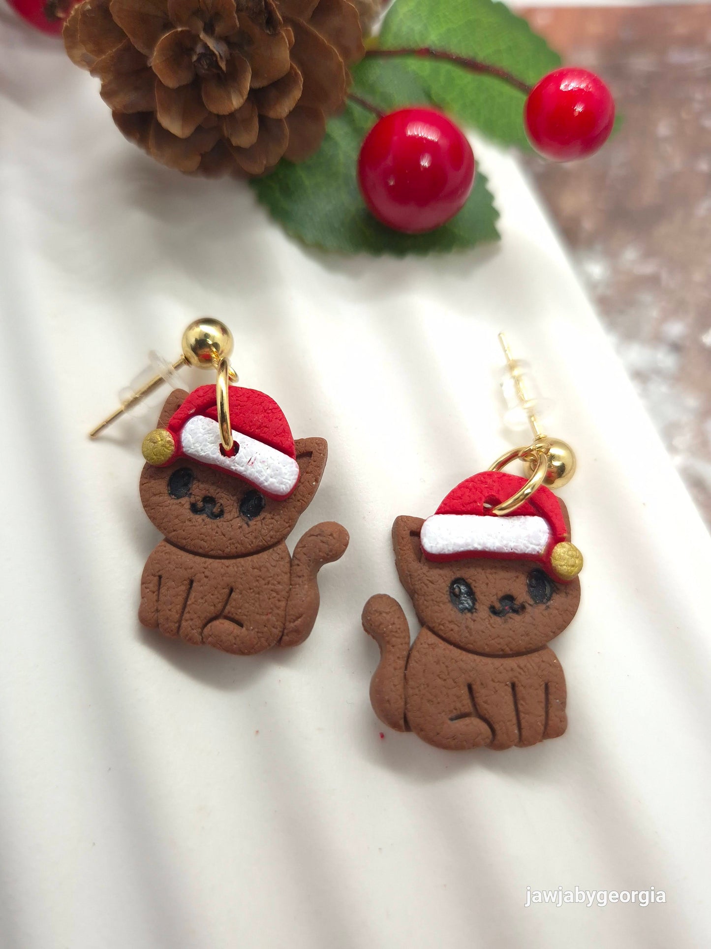 CAT WITH SANTA HAT POLYMER CLAY EARRINGS