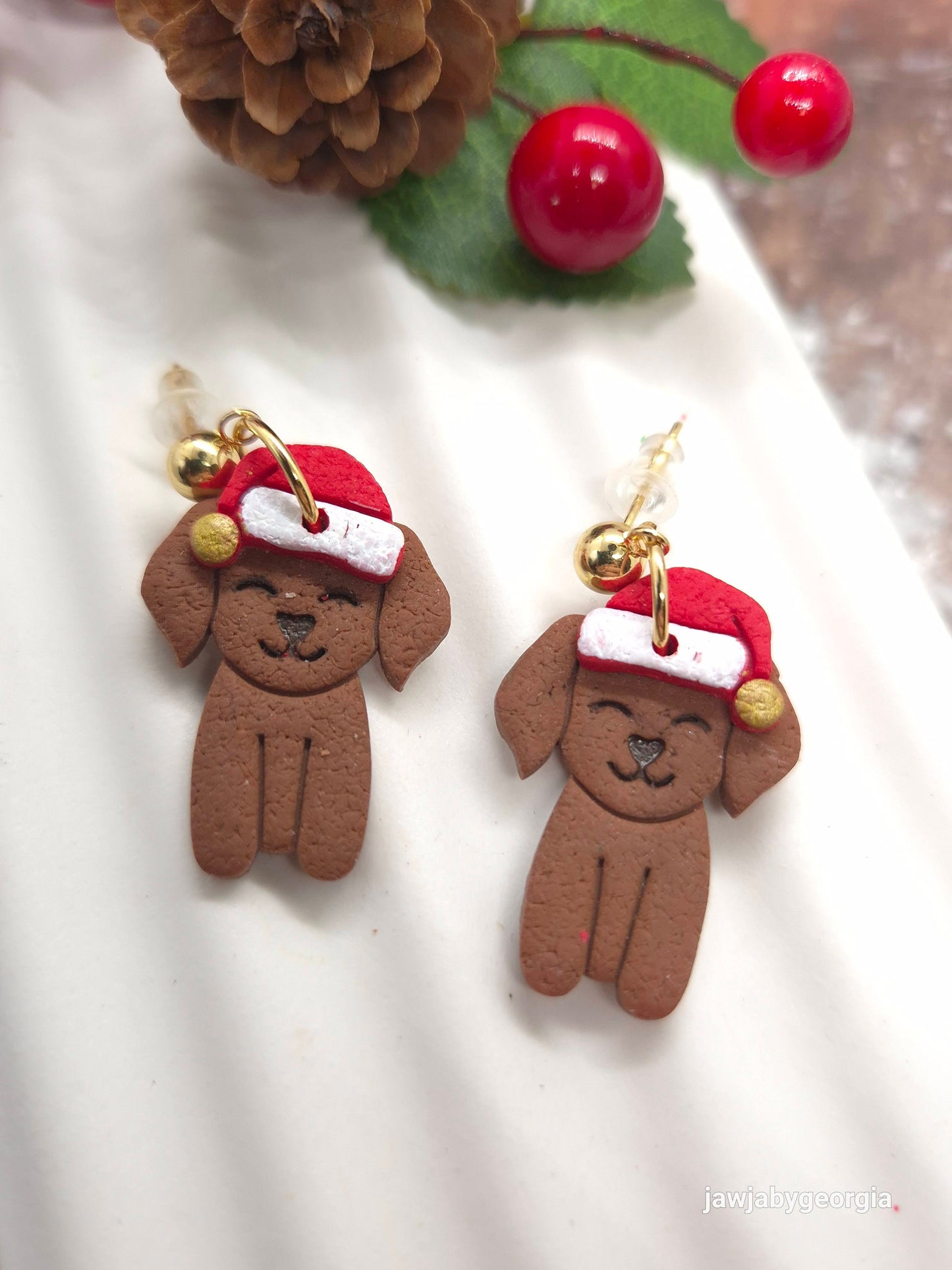 DOG WITH SANTA HAT POLYMER CLAY EARRINGS