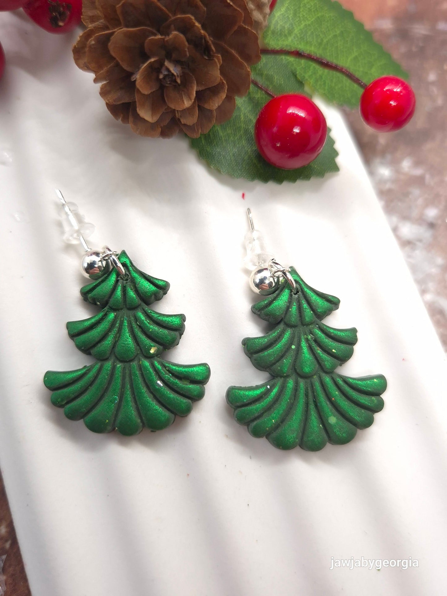 GREEN METALLIC CHRISTMAS TREE POLYMER CLAY EARRINGS