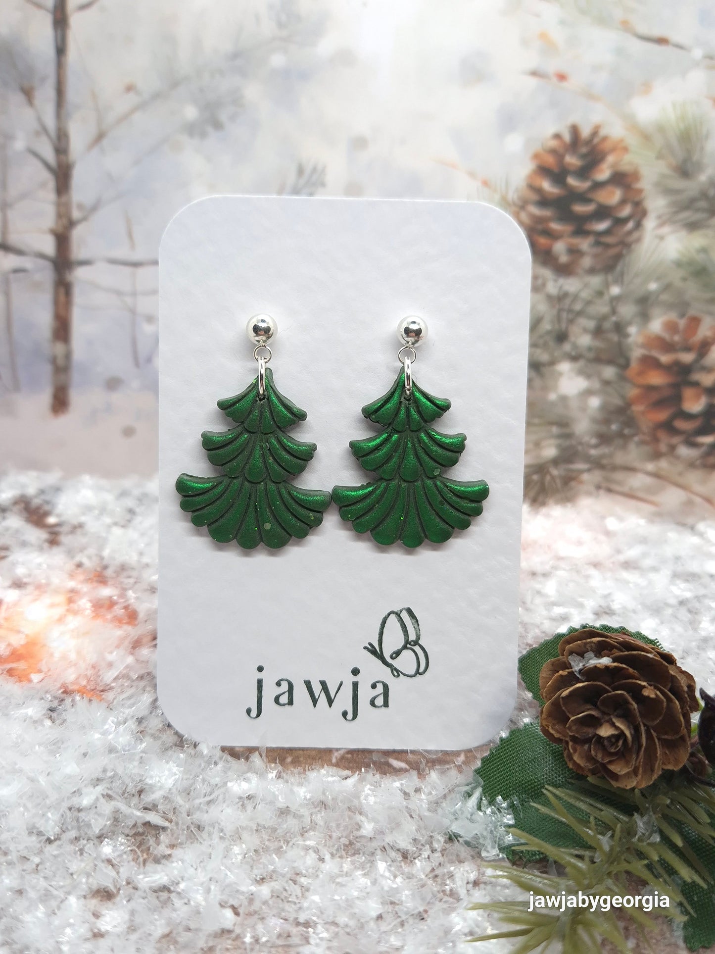 GREEN METALLIC CHRISTMAS TREE POLYMER CLAY EARRINGS