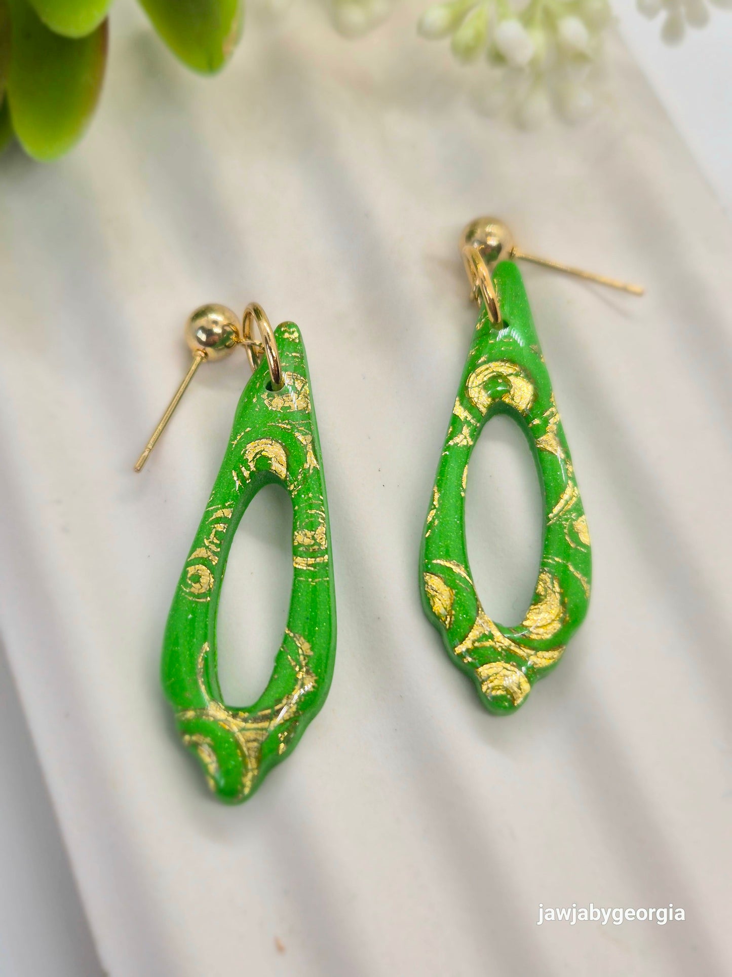 VIBRANT GREEN AND GOLD POLYMER CLAY EARRINGS