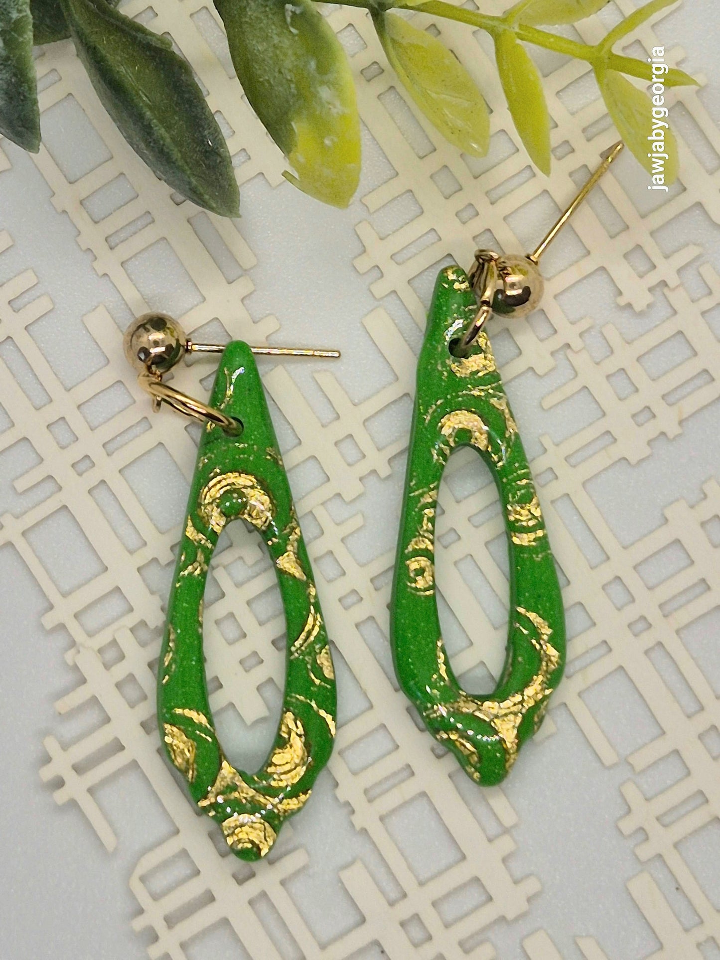 VIBRANT GREEN AND GOLD POLYMER CLAY EARRINGS