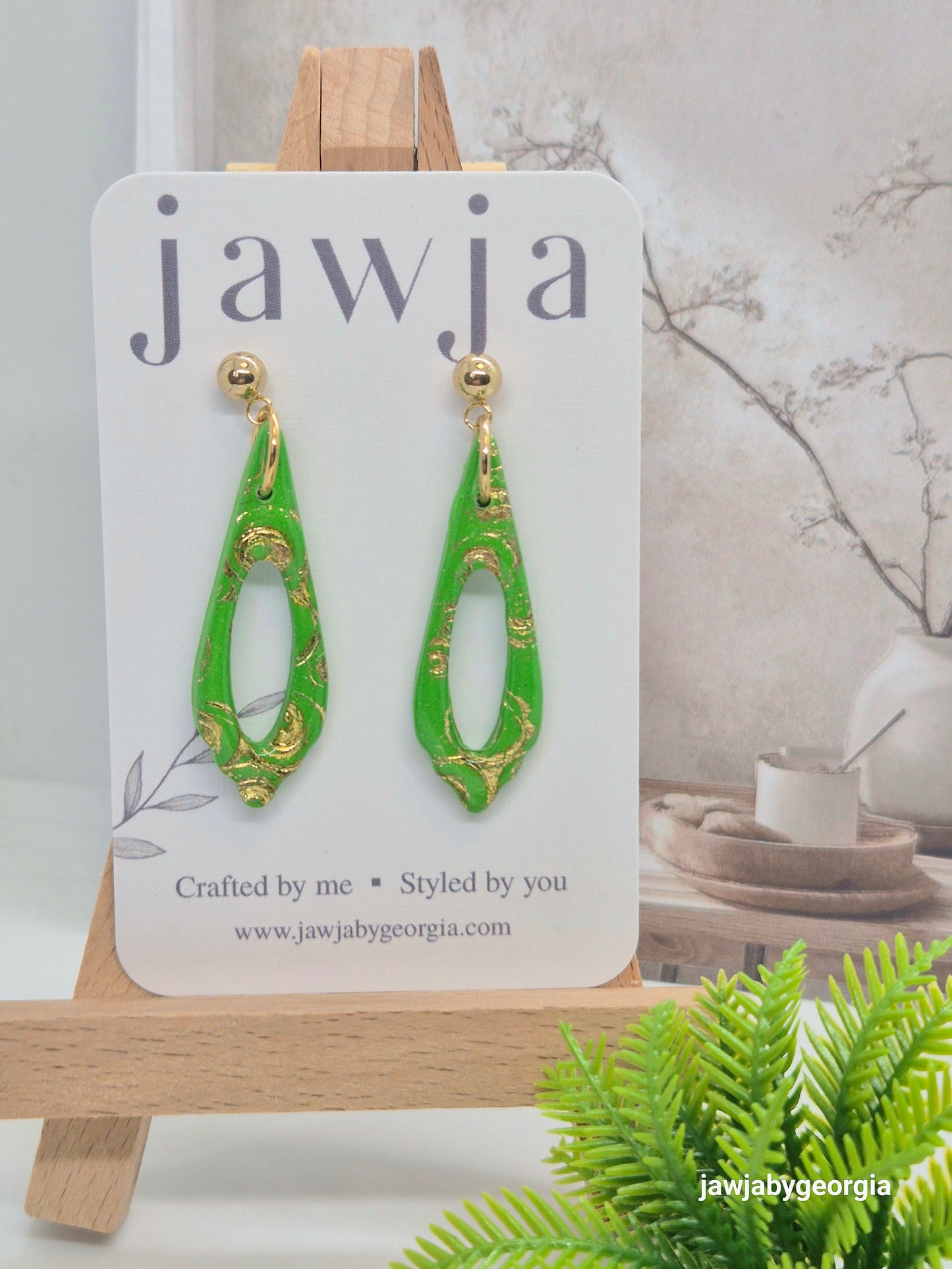 VIBRANT GREEN AND GOLD POLYMER CLAY EARRINGS