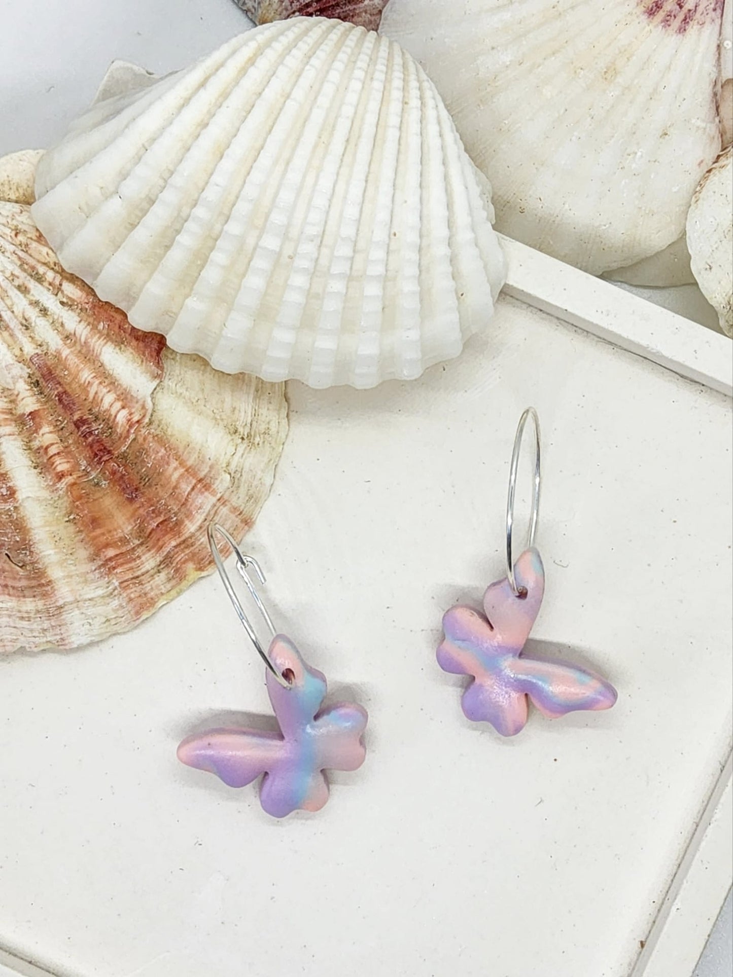 PASTEL BUTTERFLY POLYMER CLAY HOOP EARRINGS