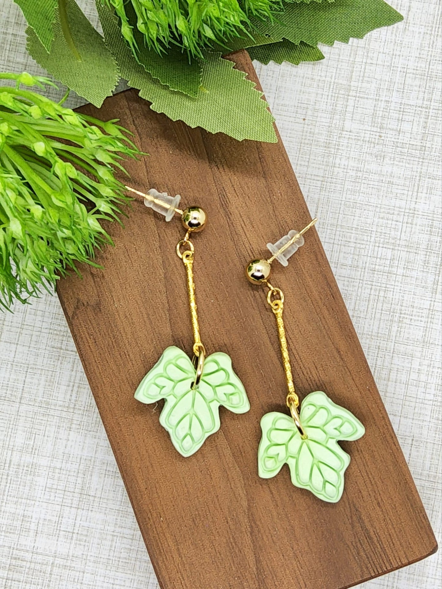 GREEN LEAF DANGLE POLYMER CLAY EARRINGS