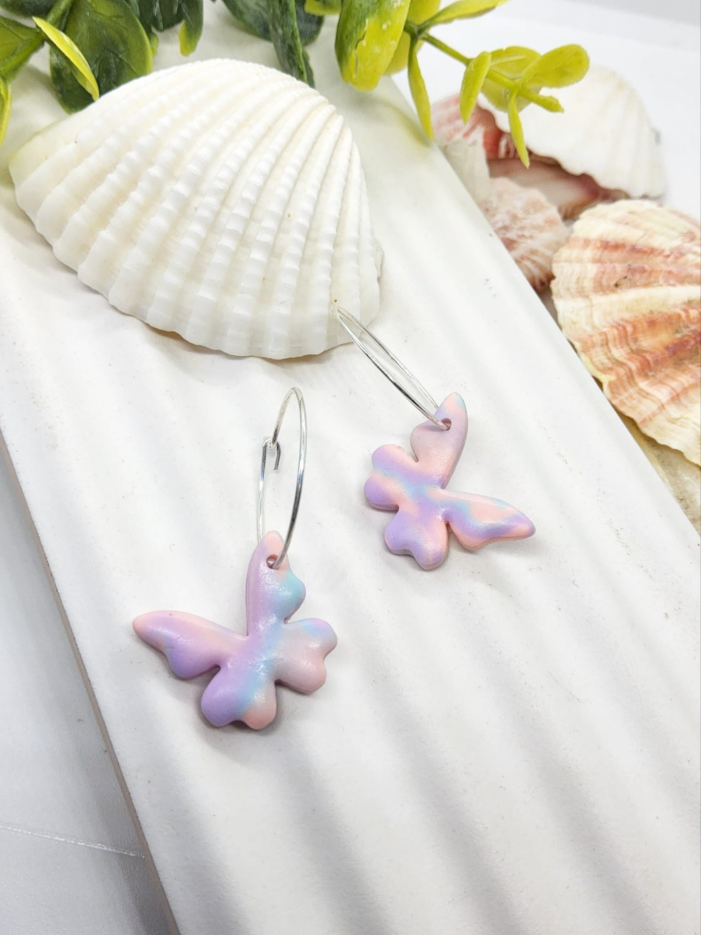 PASTEL BUTTERFLY POLYMER CLAY HOOP EARRINGS