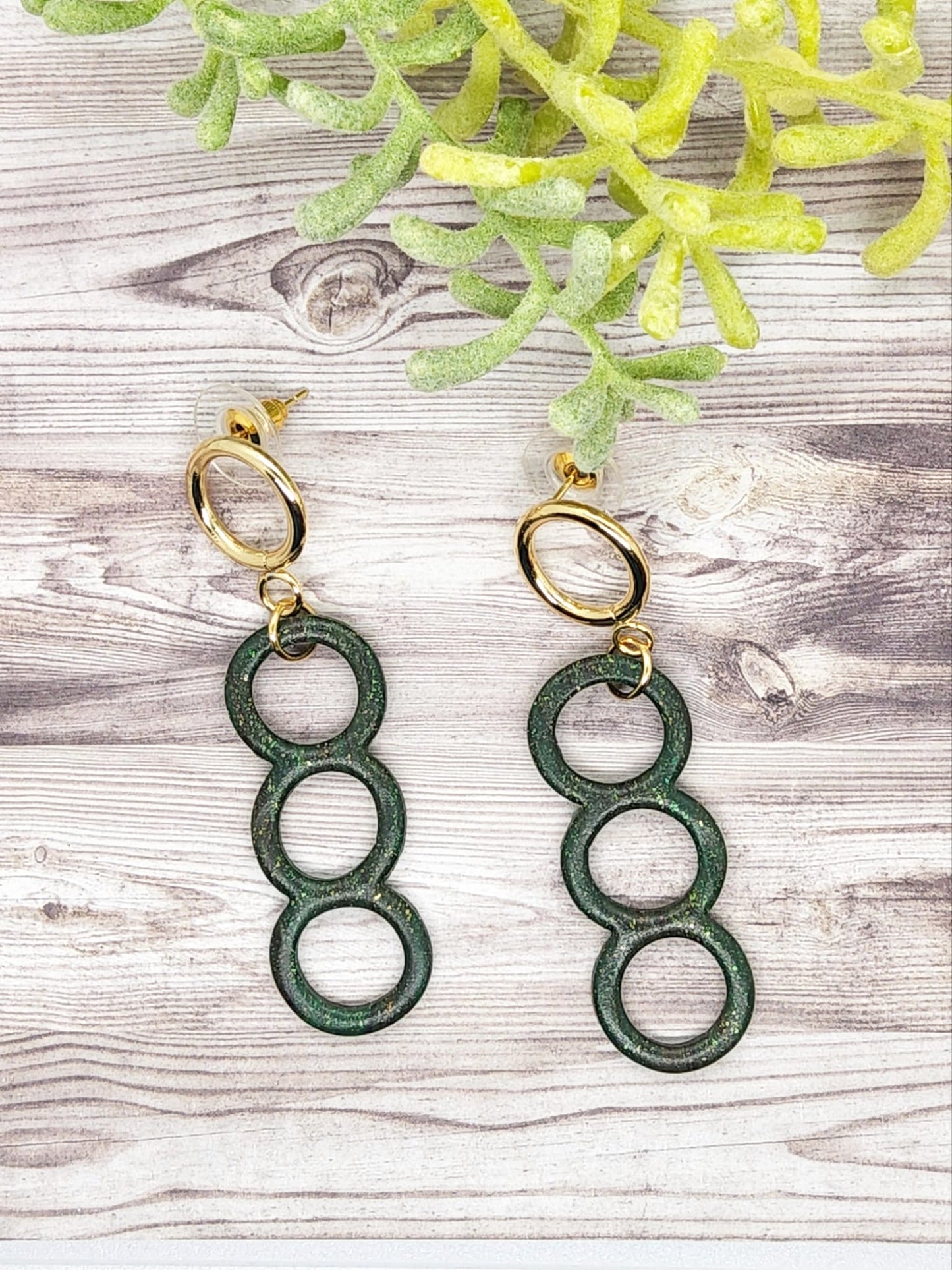 GREEN AND GOLD CIRCLE POLYMER CLAY EARRINGS