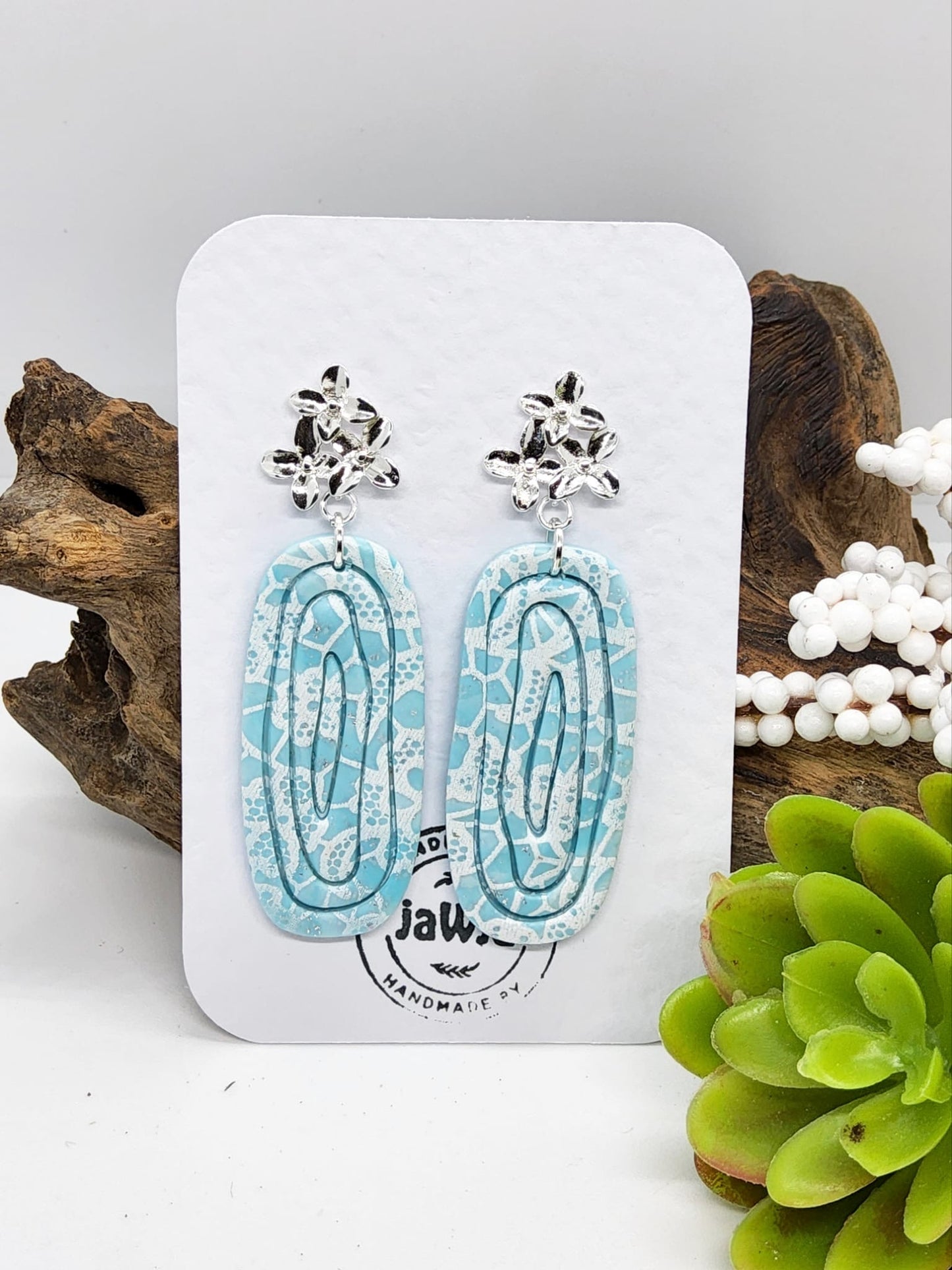 PALE BLUE LACE EFFECT POLYMER CLAY EARRINGS