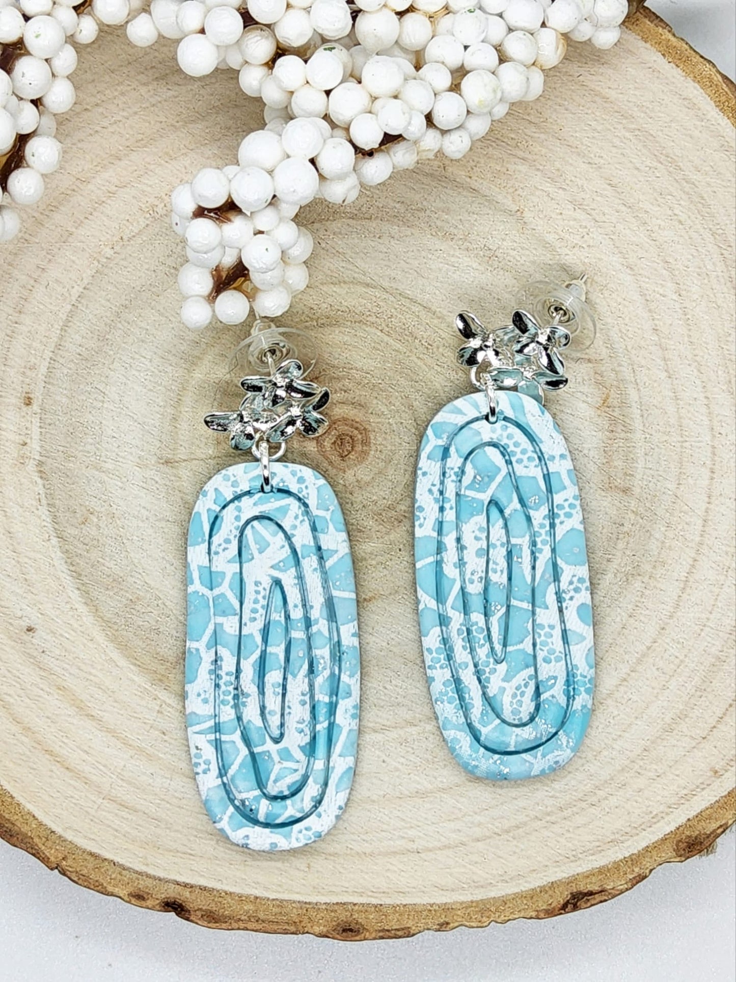 PALE BLUE LACE EFFECT POLYMER CLAY EARRINGS