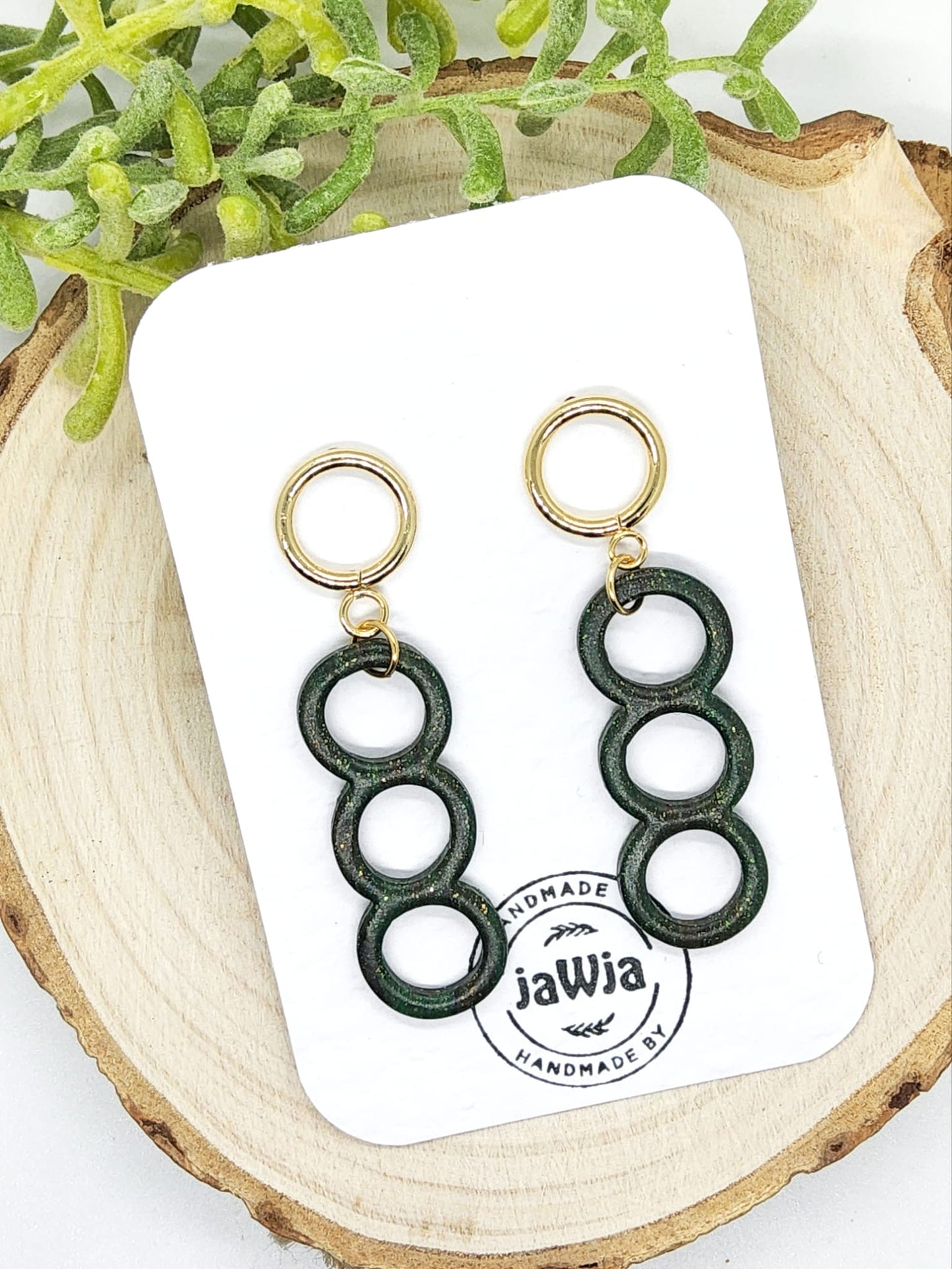 GREEN AND GOLD CIRCLE POLYMER CLAY EARRINGS