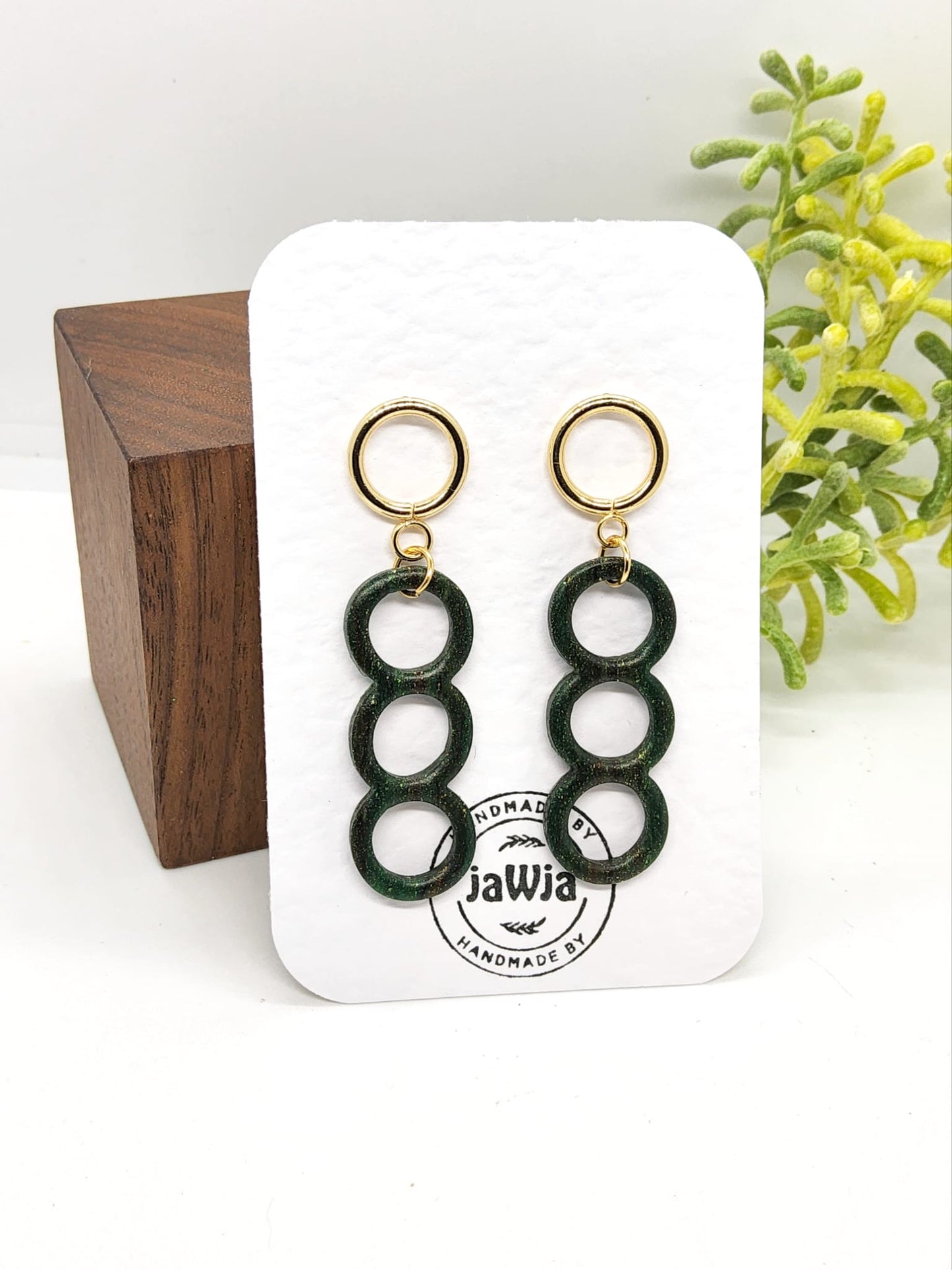 GREEN AND GOLD CIRCLE POLYMER CLAY EARRINGS