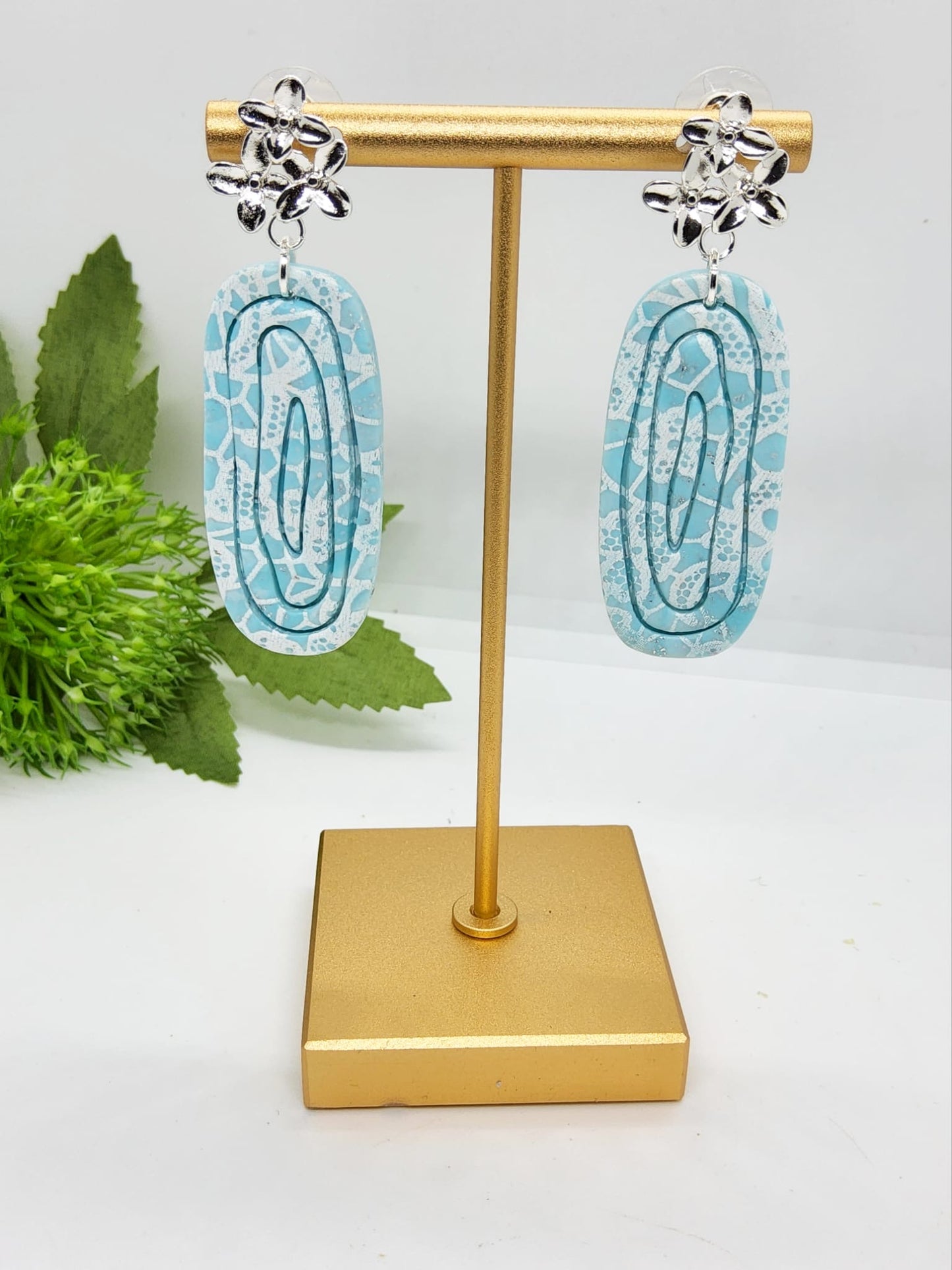 PALE BLUE LACE EFFECT POLYMER CLAY EARRINGS