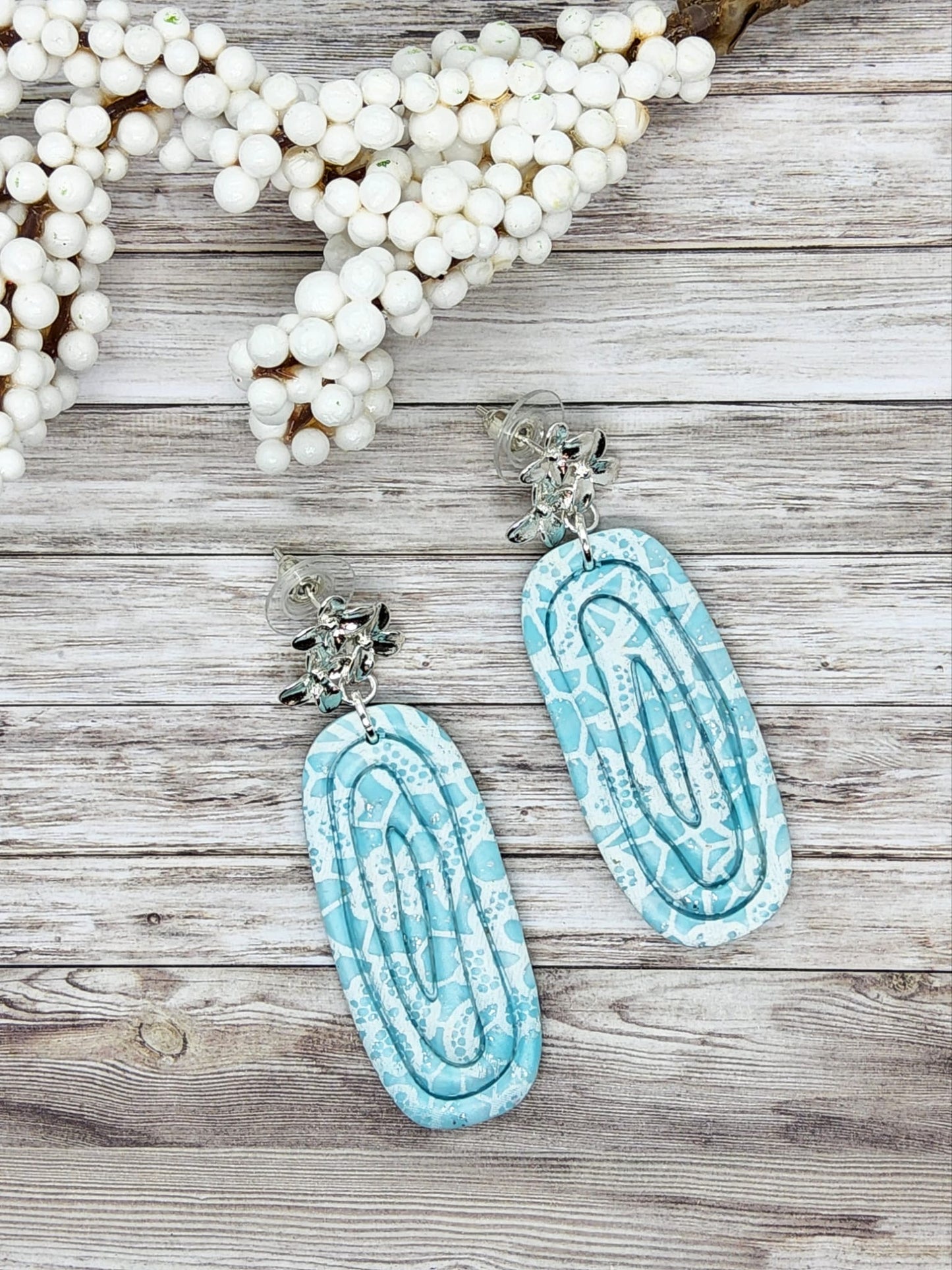 PALE BLUE LACE EFFECT POLYMER CLAY EARRINGS