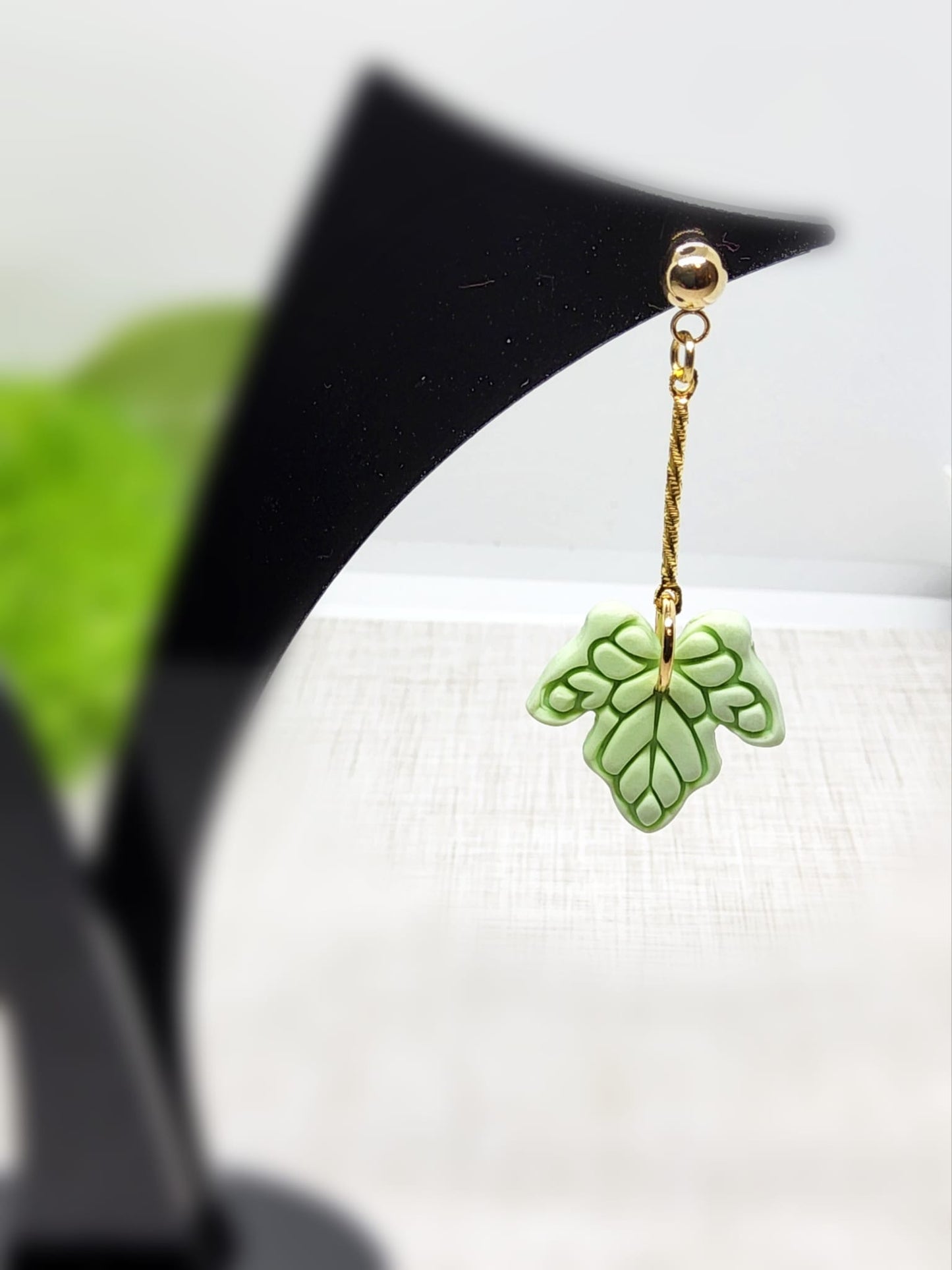 GREEN LEAF DANGLE POLYMER CLAY EARRINGS