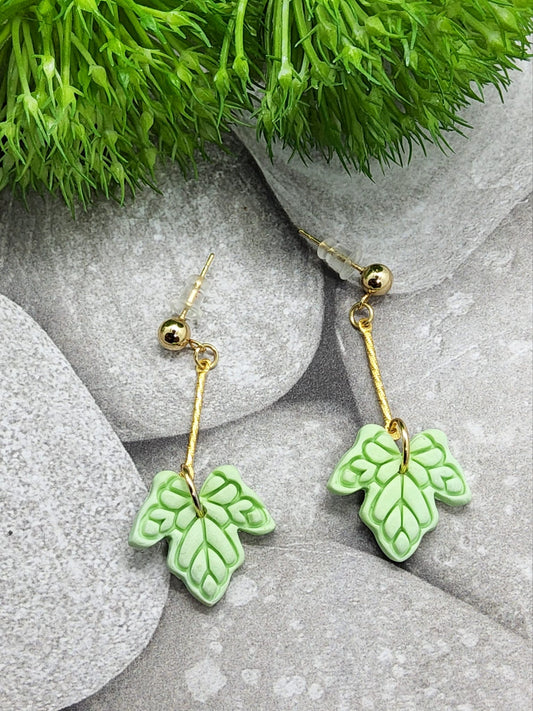 GREEN LEAF DANGLE POLYMER CLAY EARRINGS