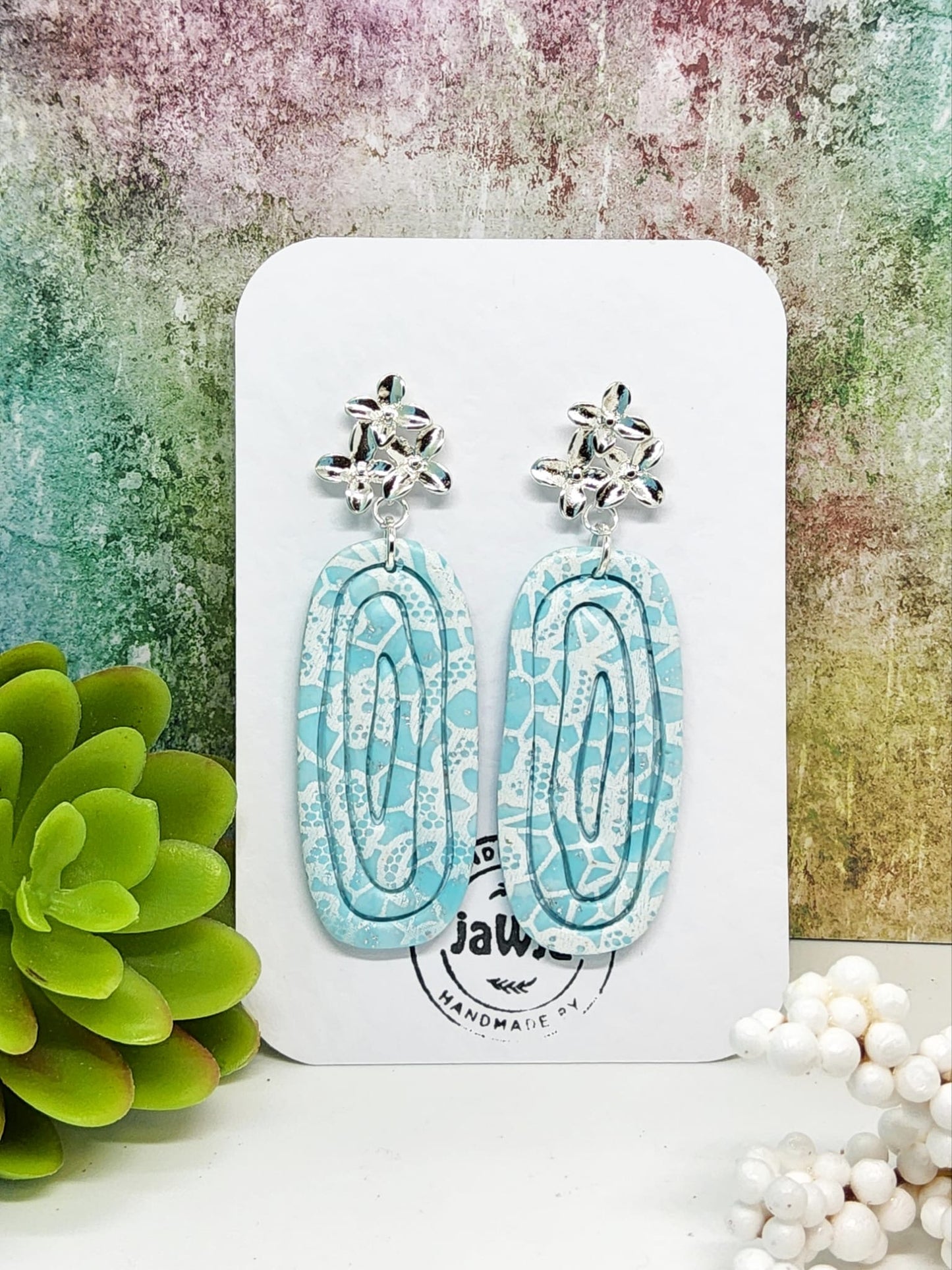 PALE BLUE LACE EFFECT POLYMER CLAY EARRINGS