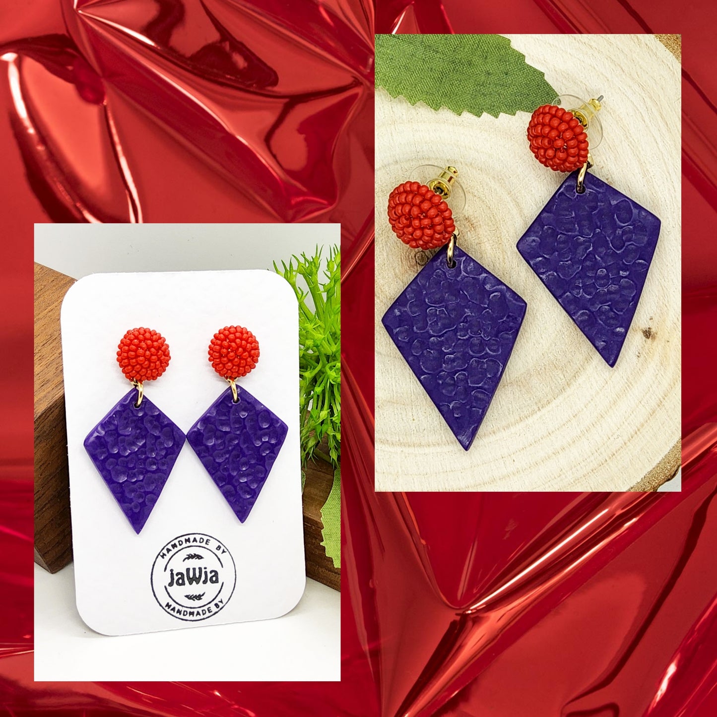 PURPLE AND RED POLYMER CLAY EARRINGS