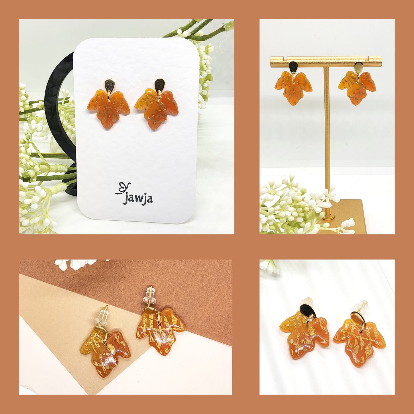 AMBER POLYMER CLAY LEAF EARRINGS