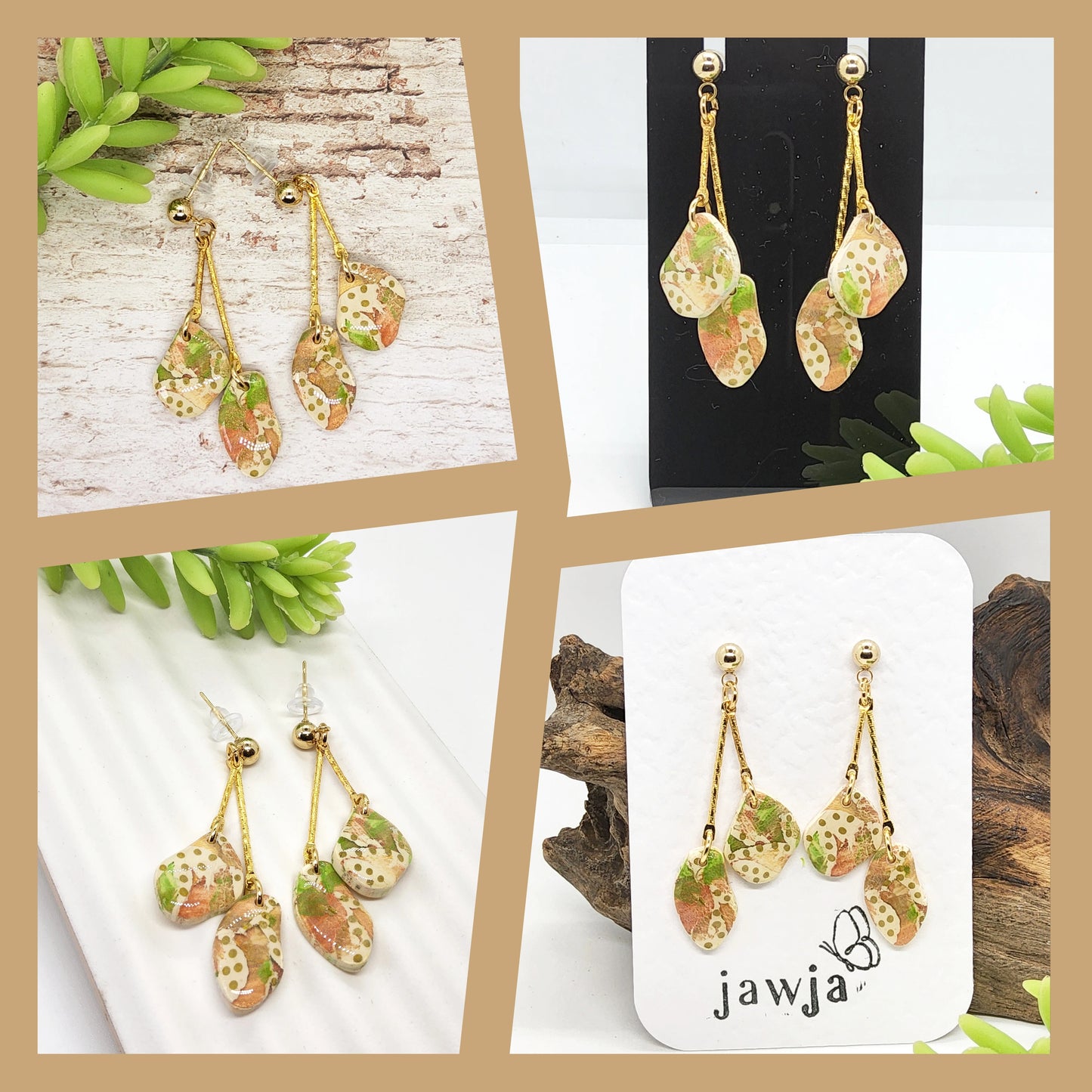 GOLD, CREAM, GREEN AND APRICOT POLYMER CLAY EARRINGS